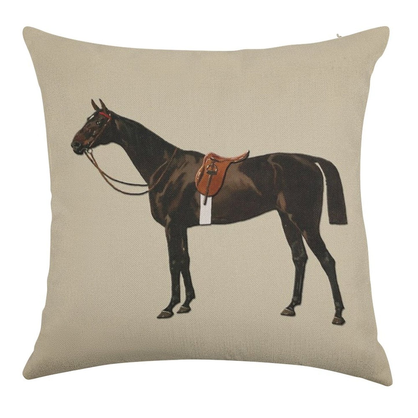 Vintage Equestrian Saddled Riding Horse Linen Throw Pillow Cover