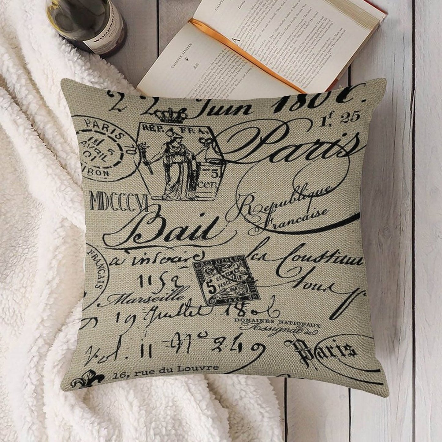 French Script Pillow Linen Throw Pillow Cover