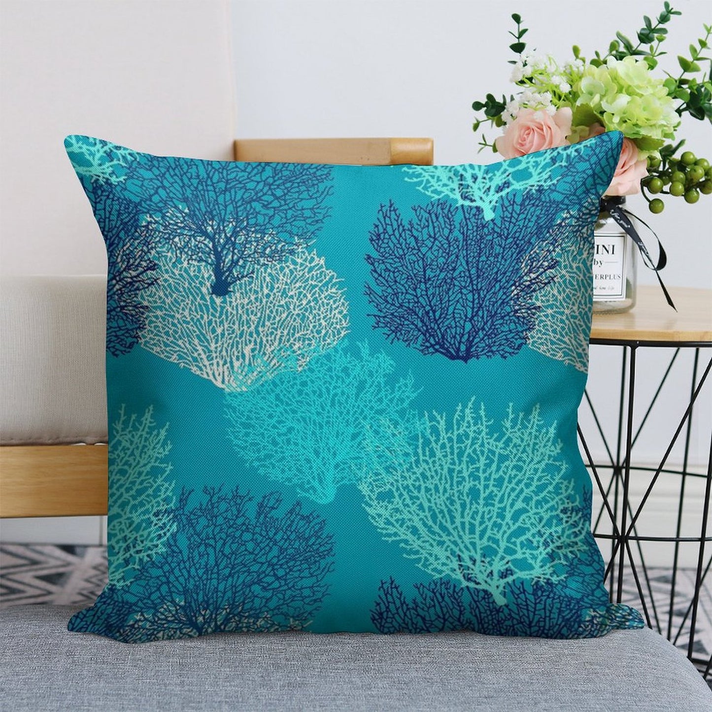 Fan Coral Print, Turquoise, Aqua And Cobalt Blue Linen Throw Pillow Cover