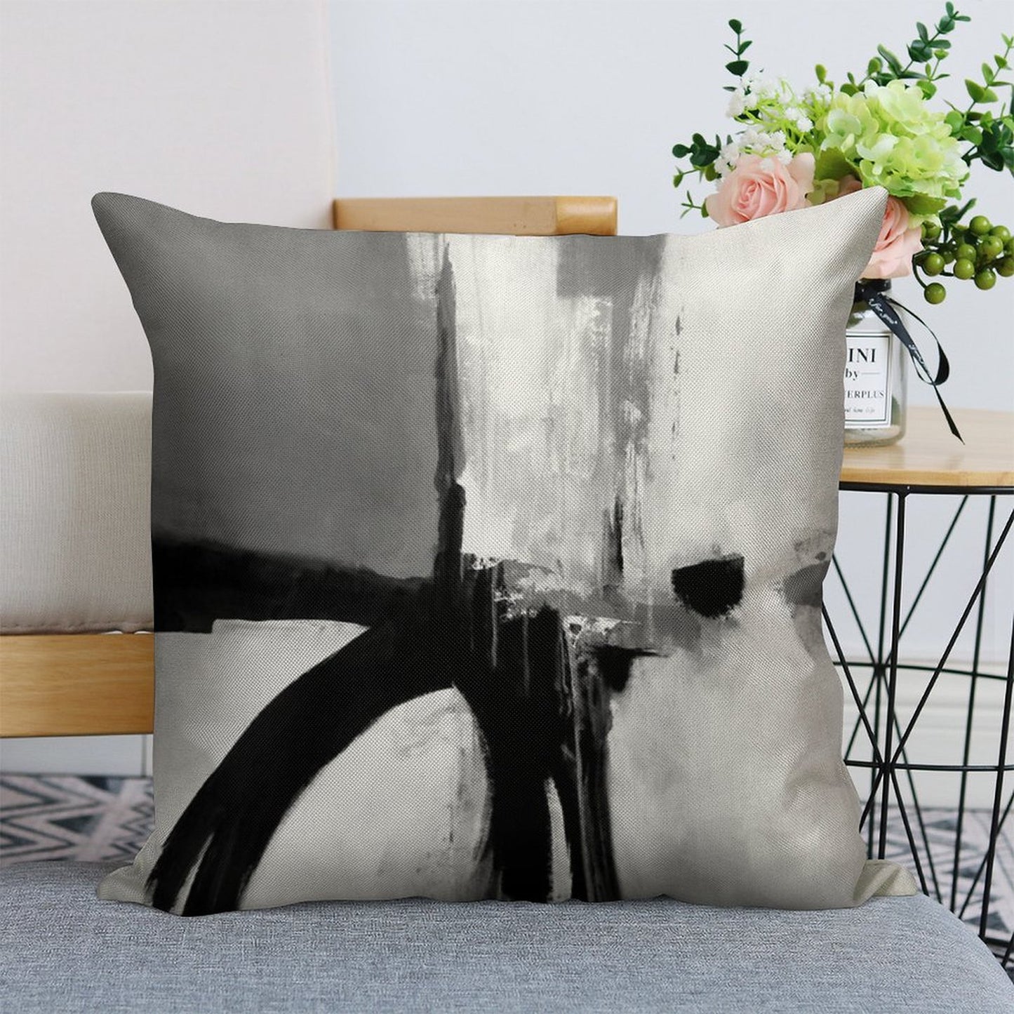 Black White Grey Abstract Linen Throw Pillow Cover