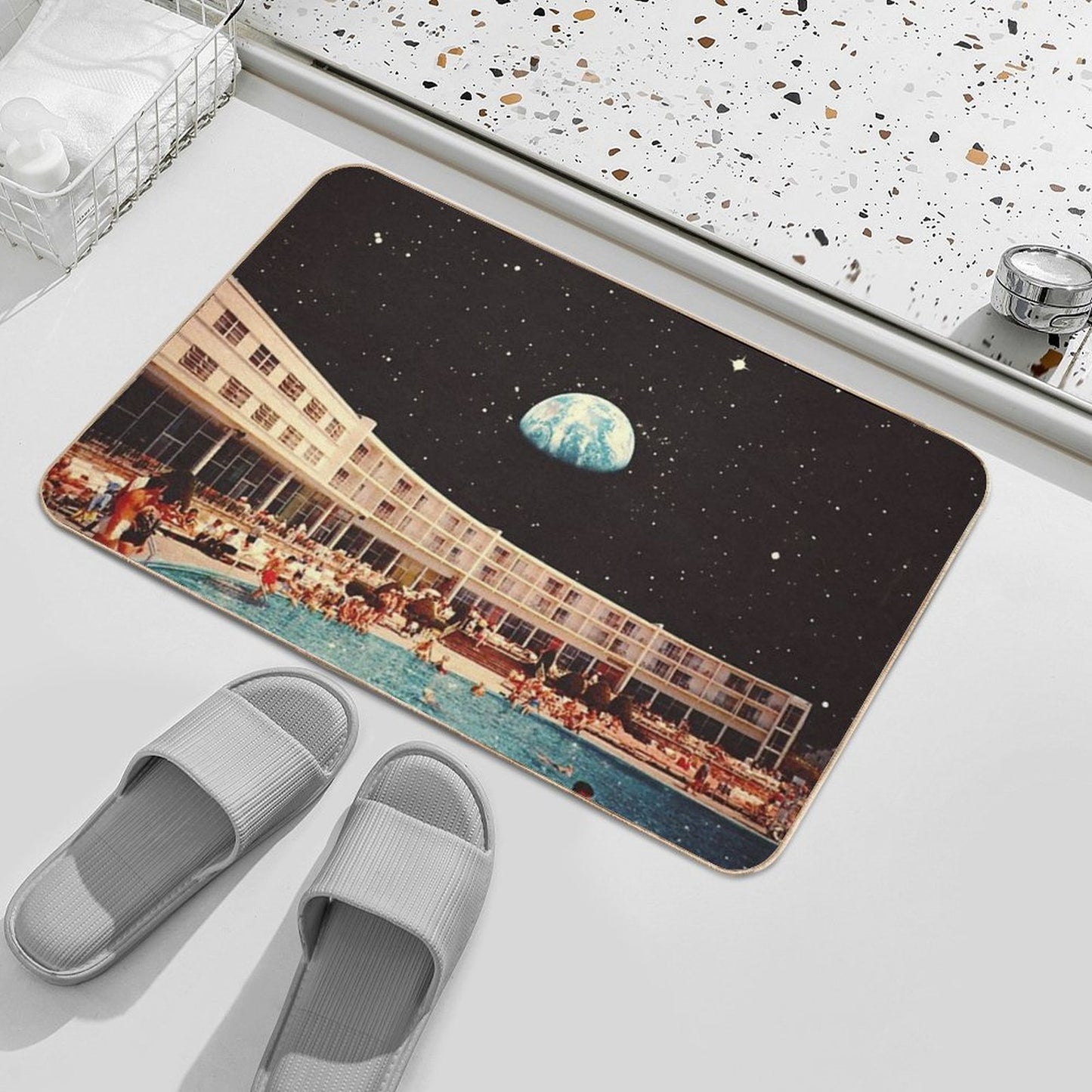 Lunar Pool Life - Retro-Futuristic Holiday Resort, Science Fiction Collage Fade-Resistant Bath Mat