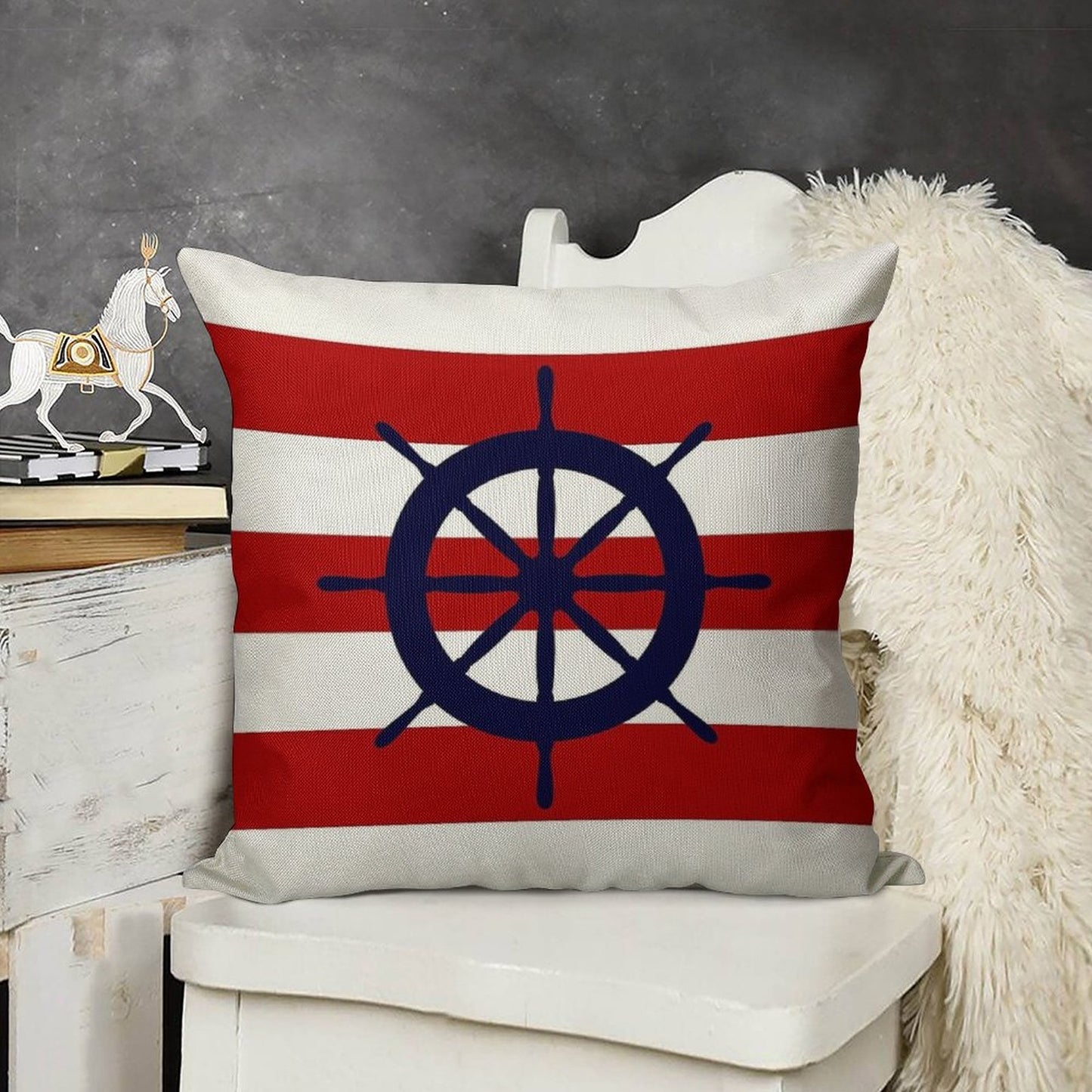 Nautical Navy Blue Ship's Steering Wheel On Red Stripes Linen Throw Pillow Cover