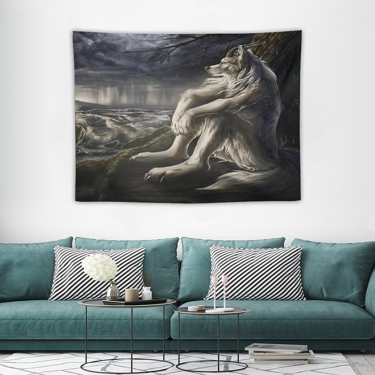Emo White Wolf Sitting Sad Meme Tapestry