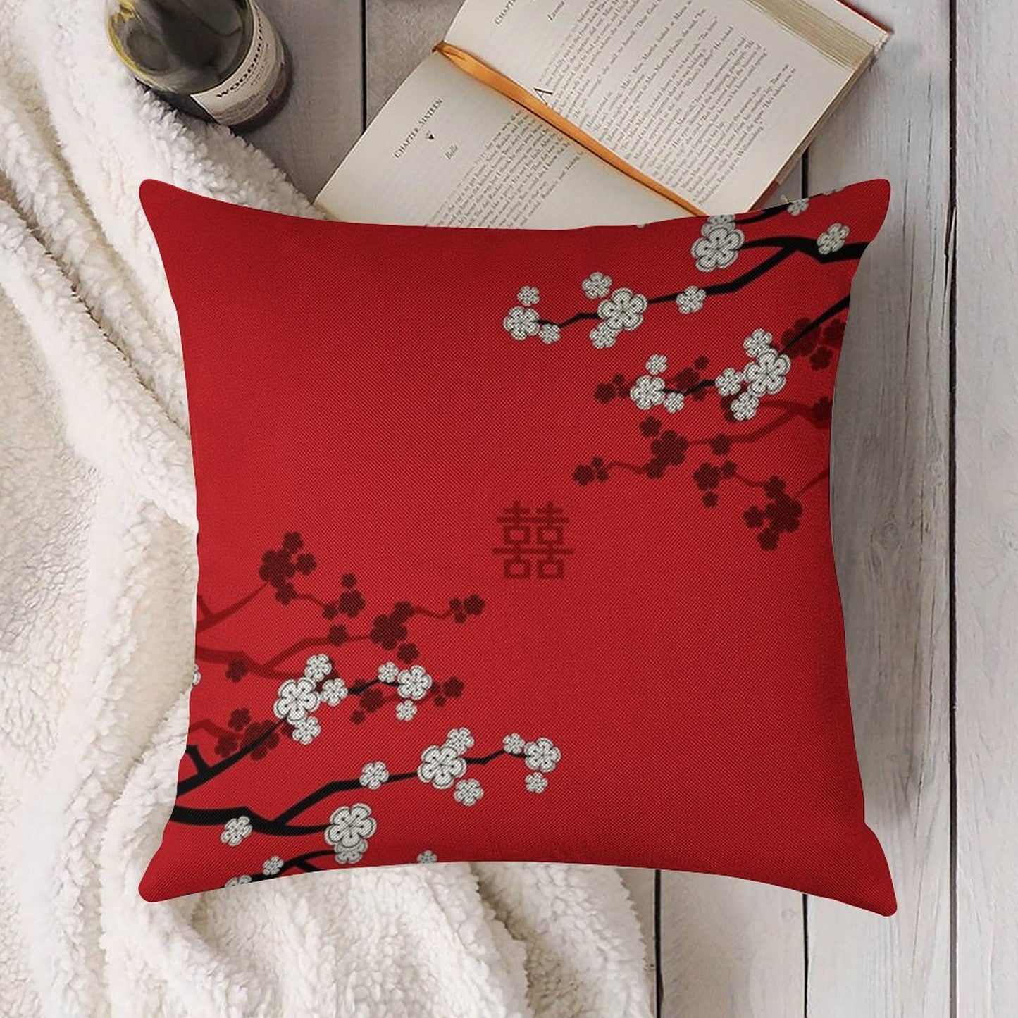 White Oriental Cherry Blossoms on Red And Chinese Wedding Double Happiness Japanese Sakura © Fatfatin Linen Throw Pillow Cover