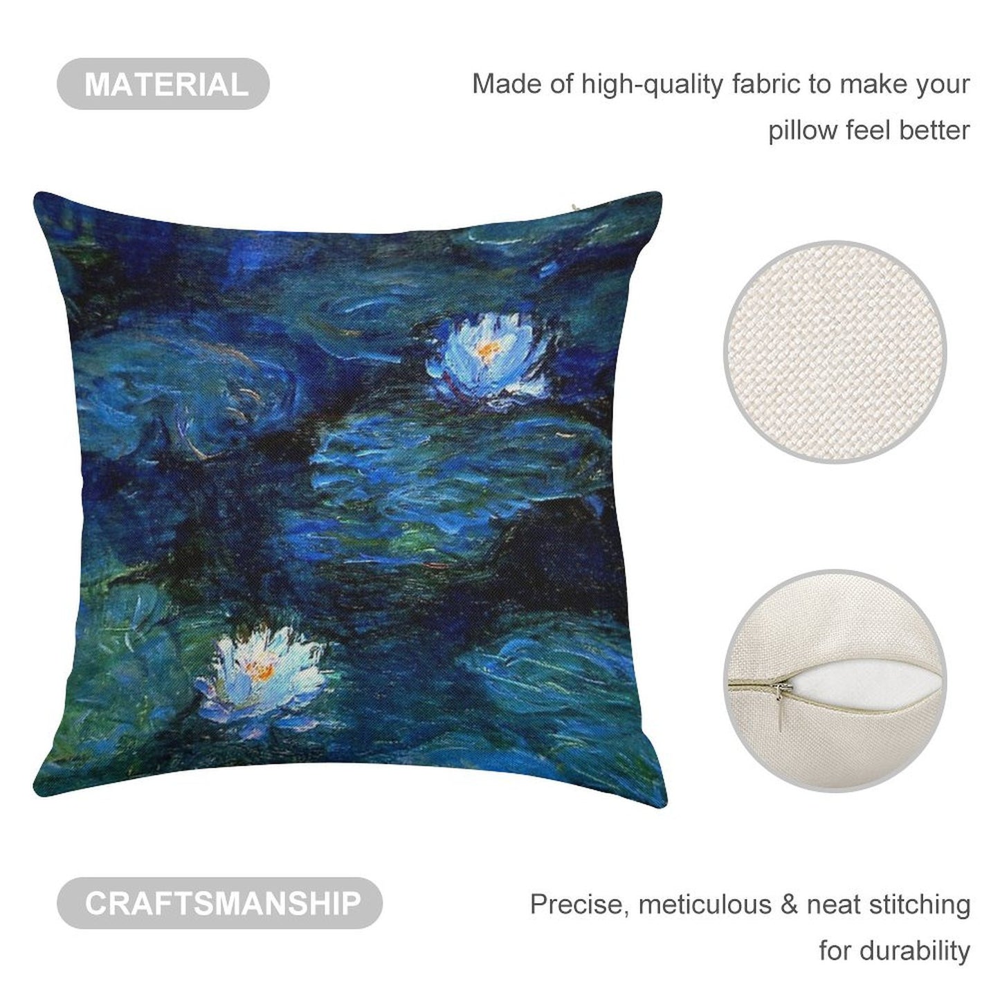 Water Lilies Monet Deep Blue Linen Throw Pillow Cover