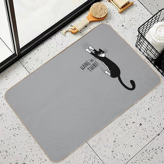 Tuxedo Cat Hanging On Hang In There! Funny Cat Hanging On With Claws Long-Lasting Bath Mat