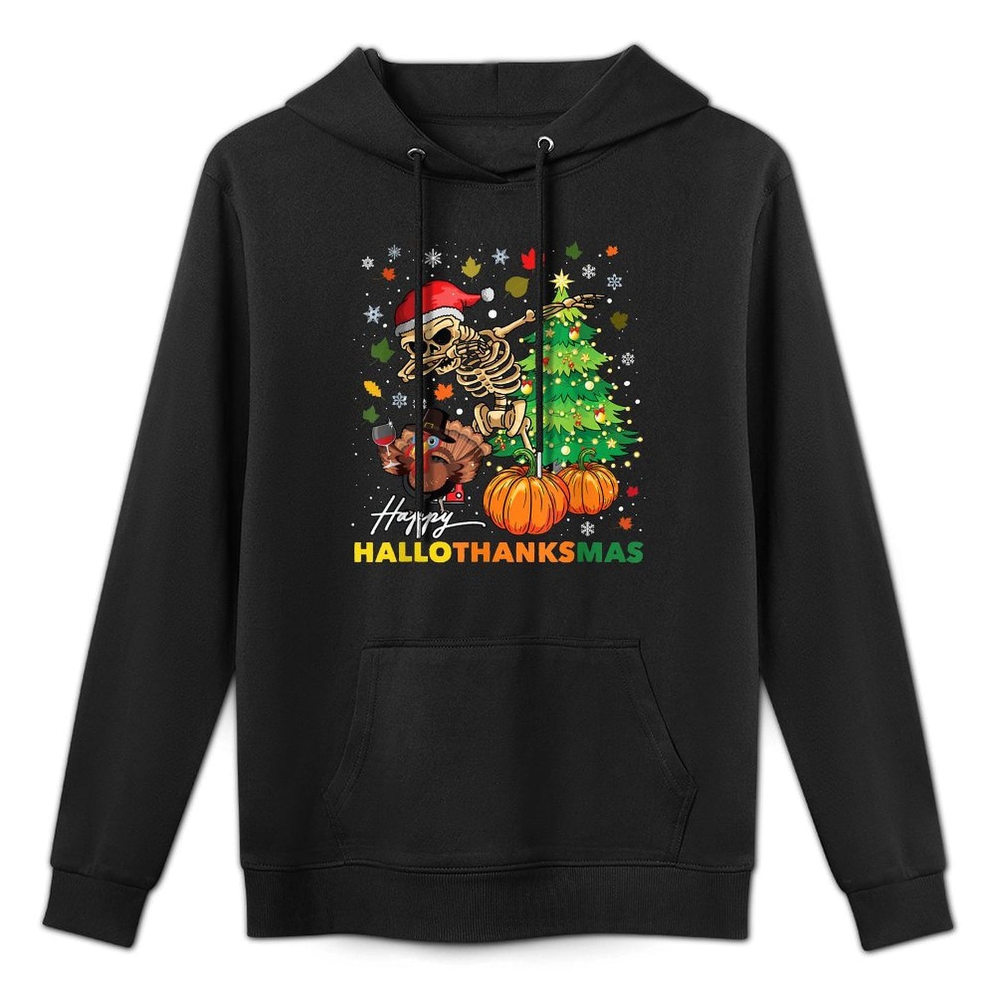 Happy Hallothanksmas Halloween Thanksgiving Christmas Breathable Fabric Hoodie