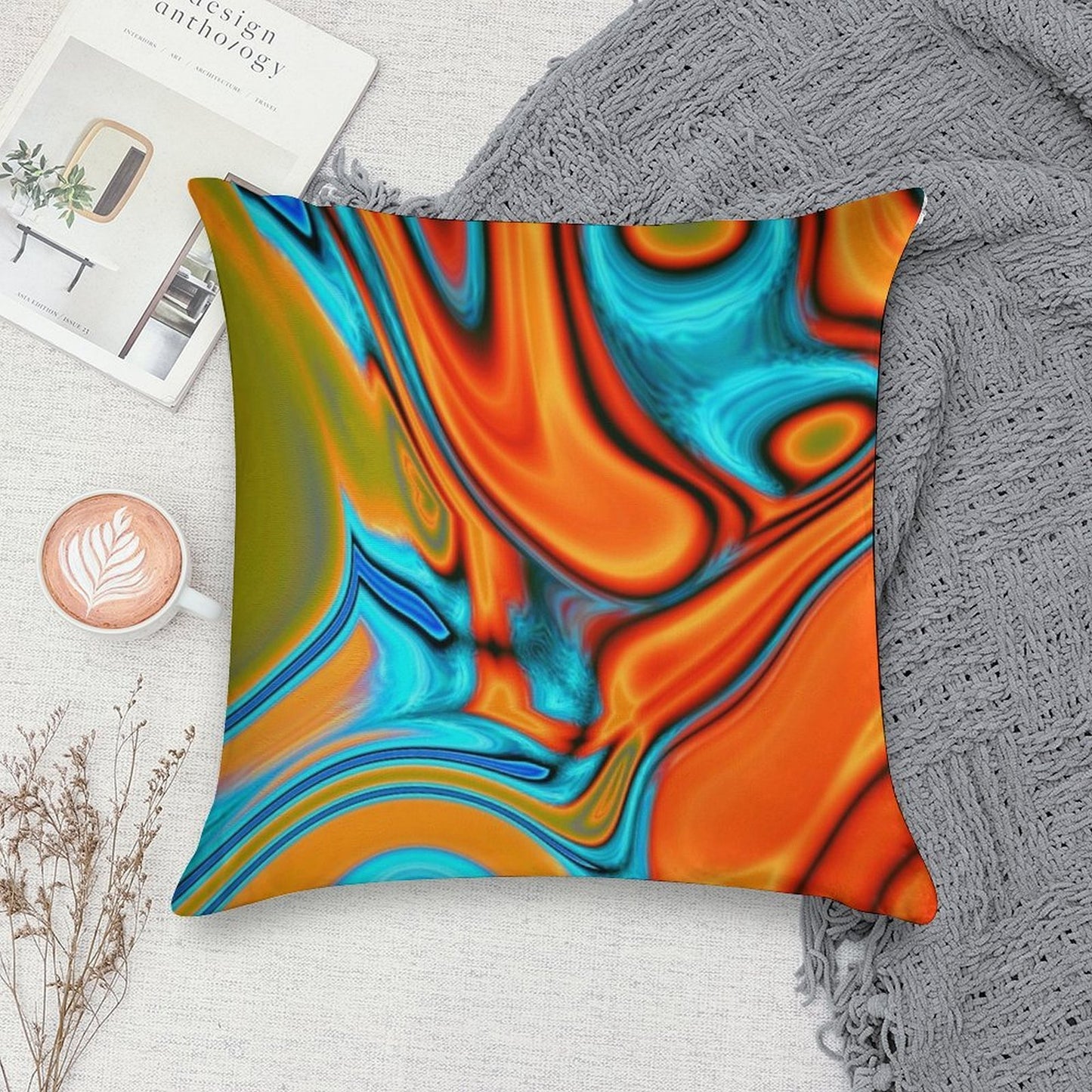 Vivid Modern Southwest Hipster Turquoise Orange Swirls Soft Durable Construction Throw Pillow