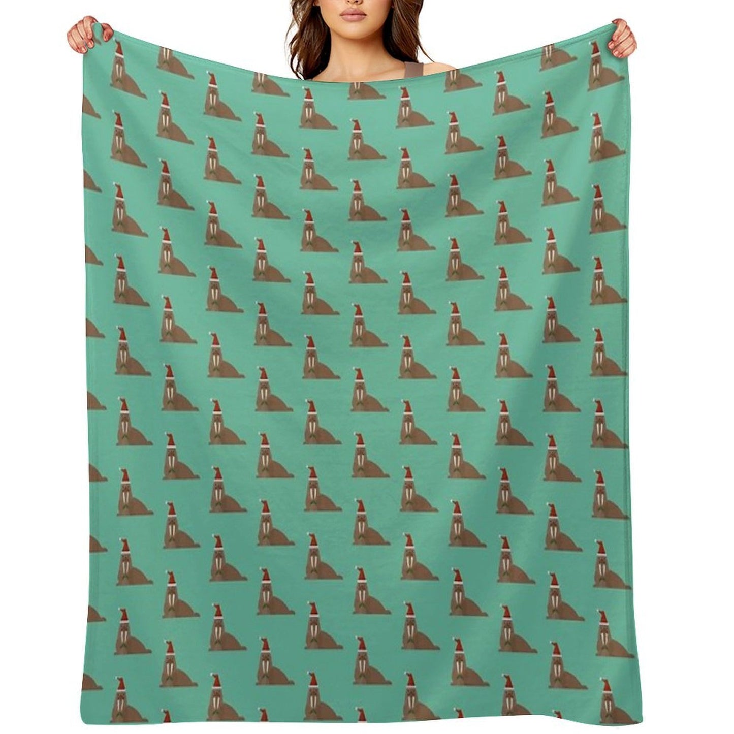 Christmas Walruses on Blue Throw Blanket