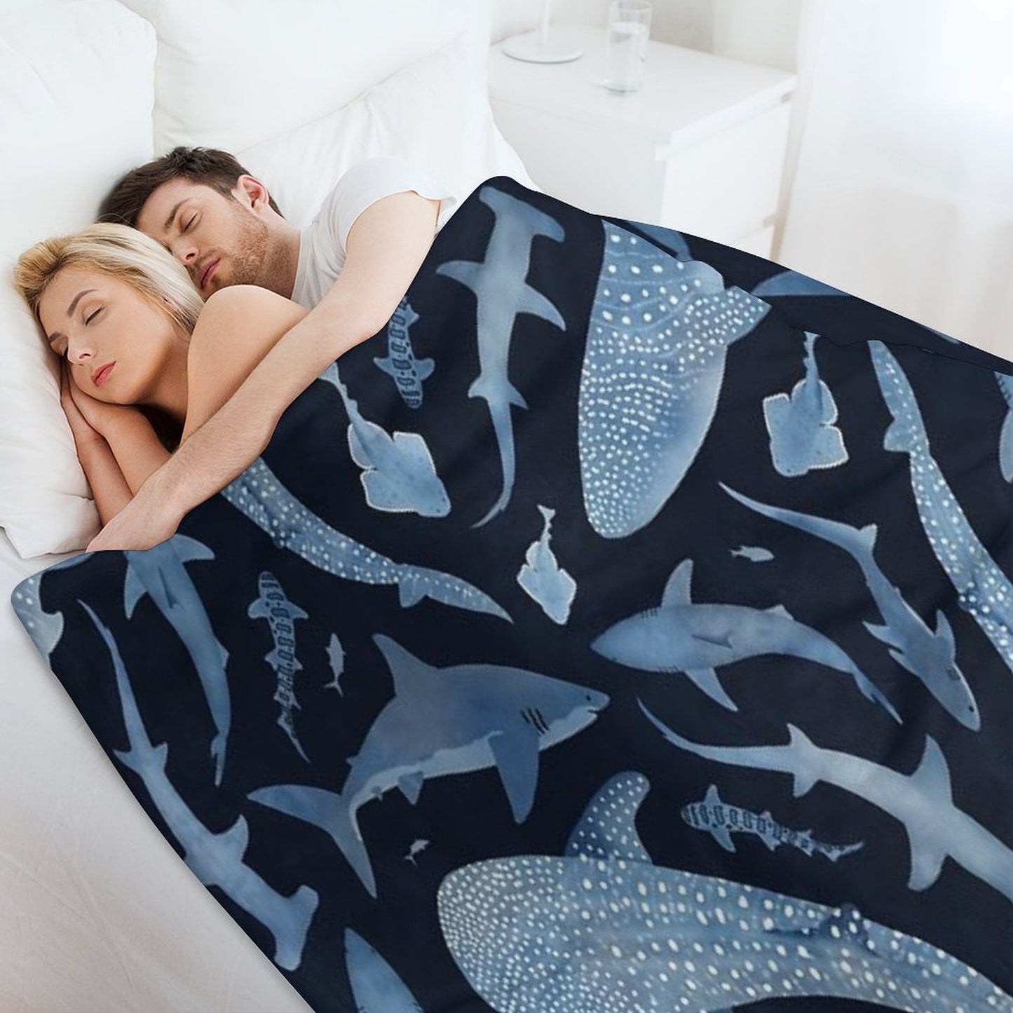 Monochrome Blue Watercolour Shark Ocean on Black Throw Blanket
