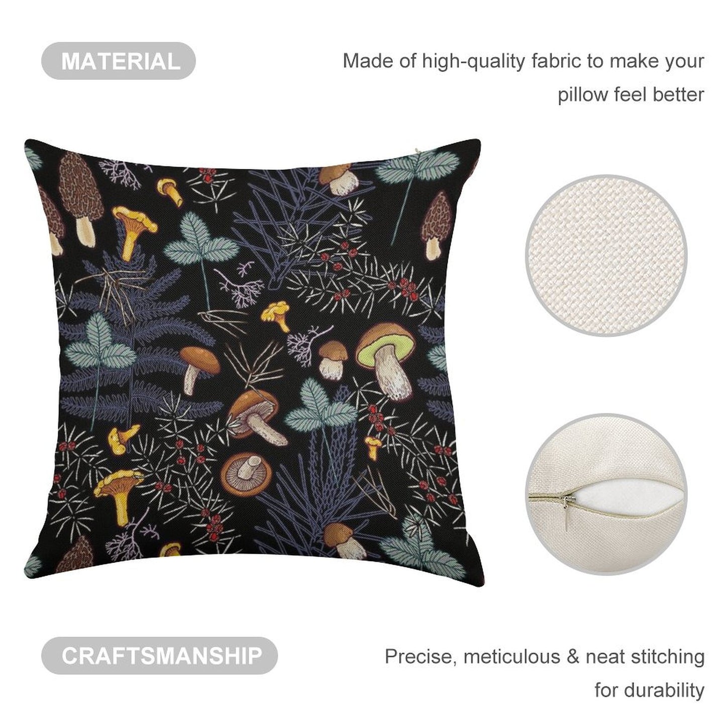 Dark Wild Forest Mushrooms Linen Throw Pillow Cover