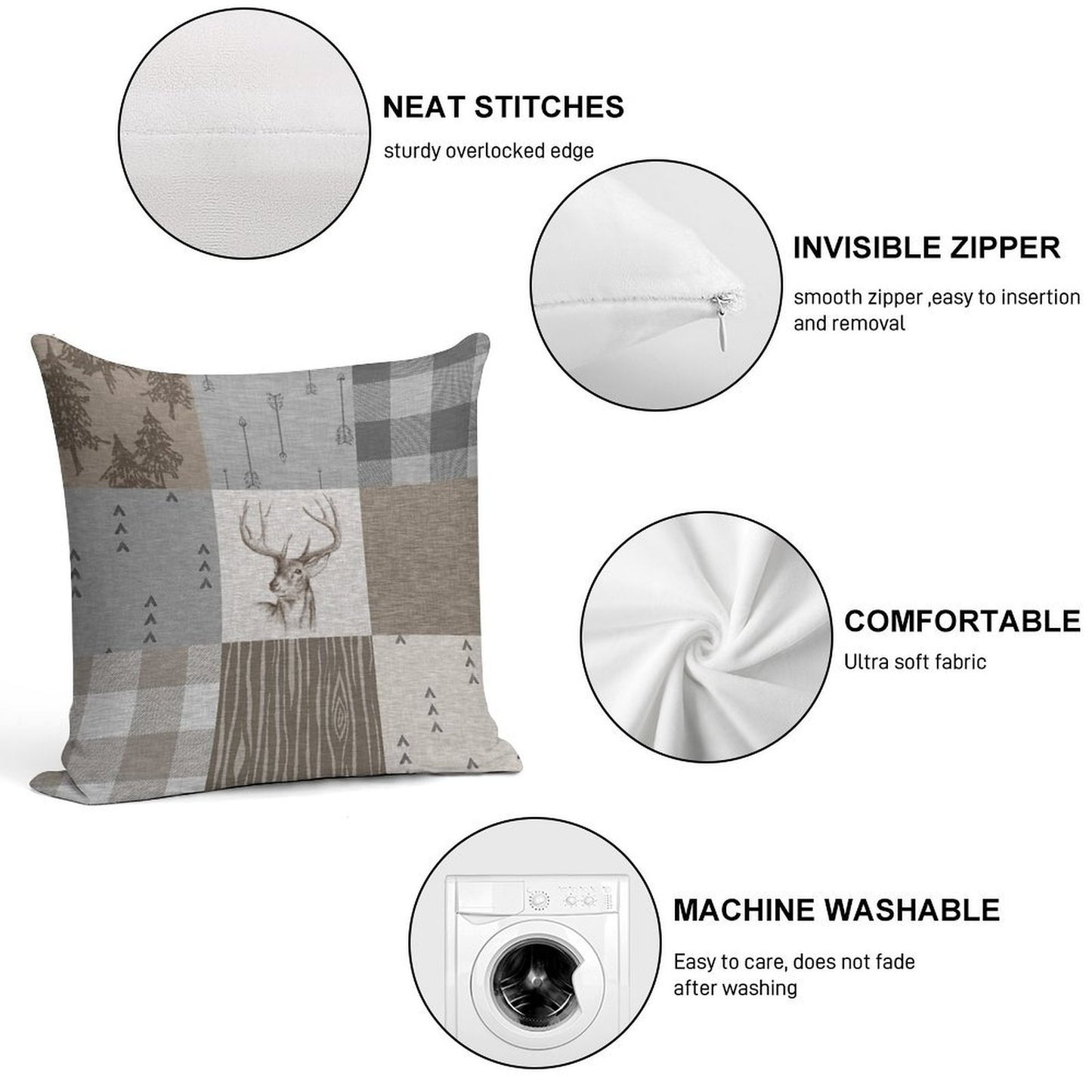 Deer Patchwork - Rustic Neutrals Soft Warmth Comfort Throw Pillow