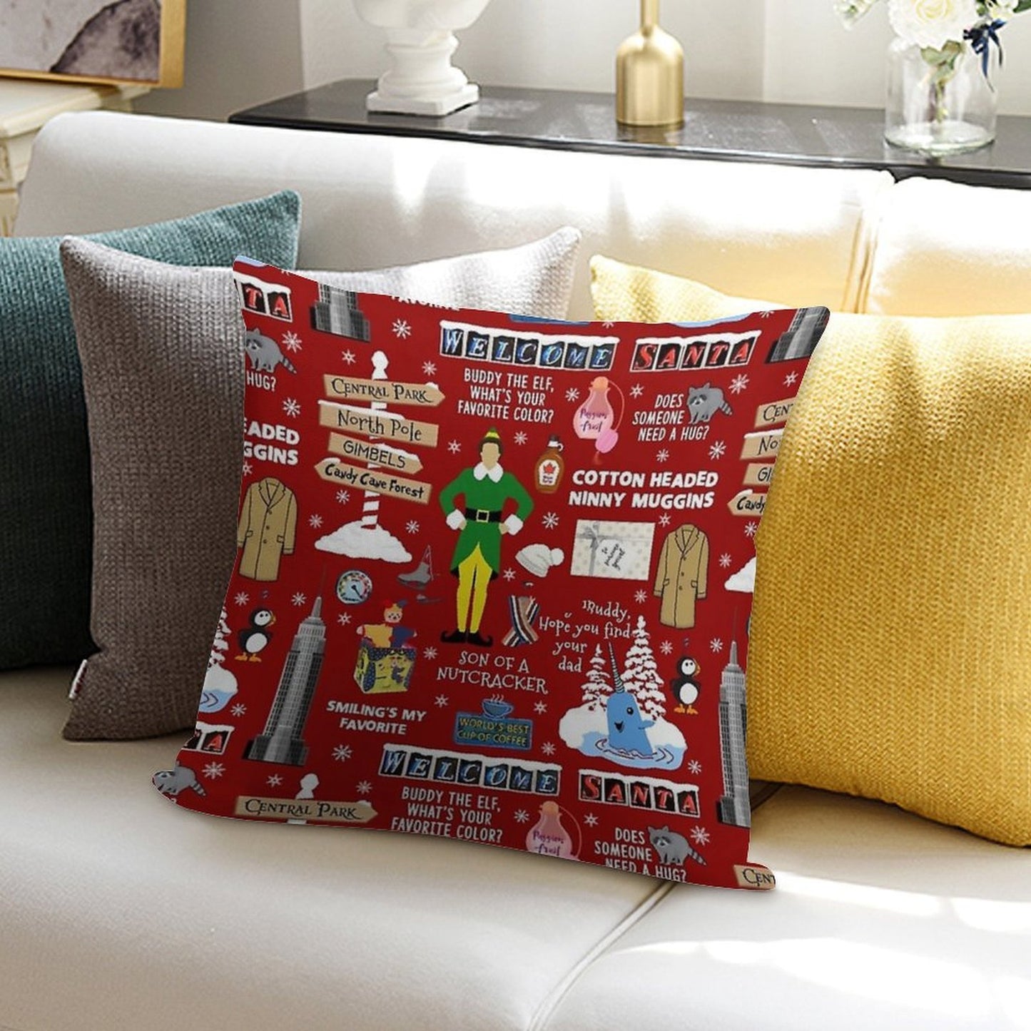 Buddy The Elf Collage, Red Background Soft Ultra-Soft Texture Throw Pillow
