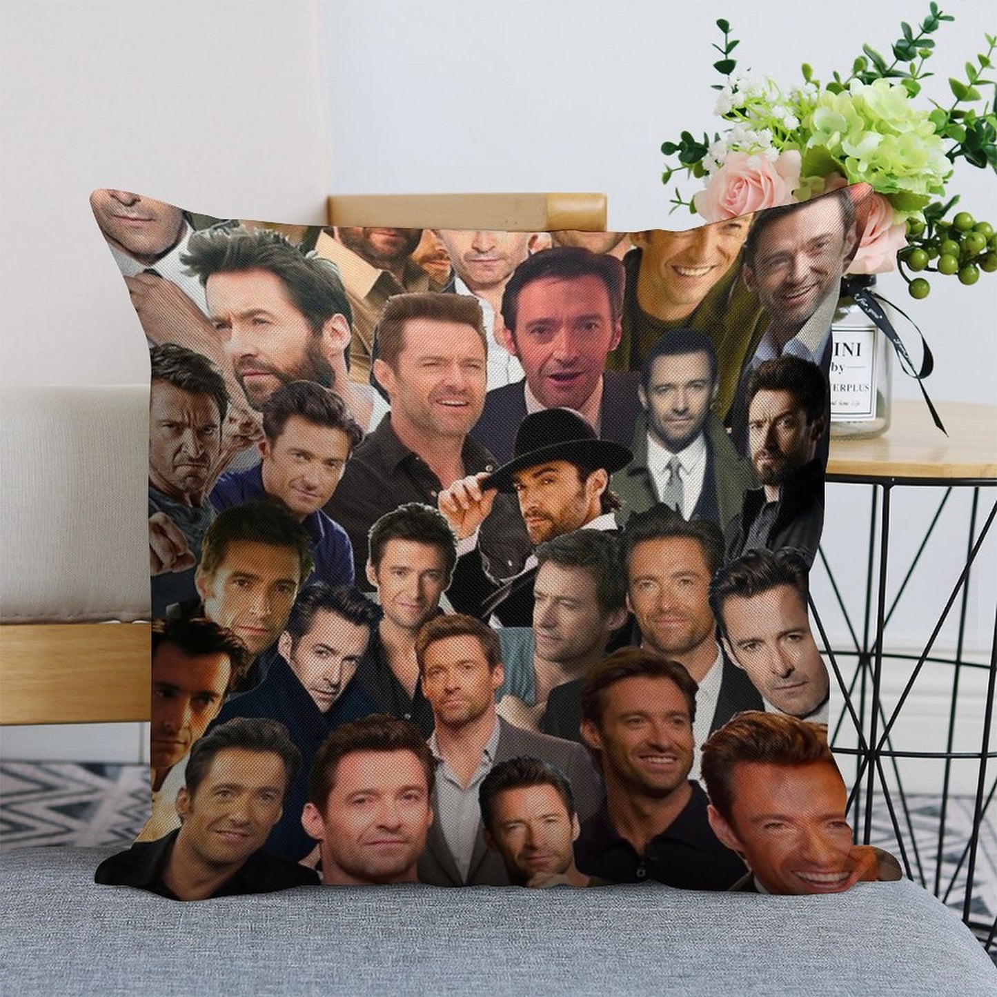 Hugh Jackman Photo Collage Linen Throw Pillow Cover