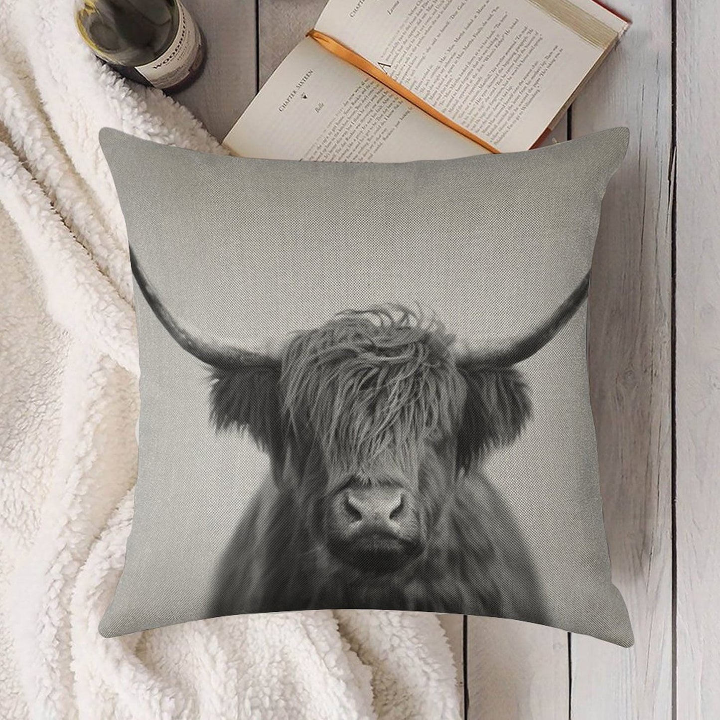 Highland Cow - Black & White Linen Throw Pillow Cover