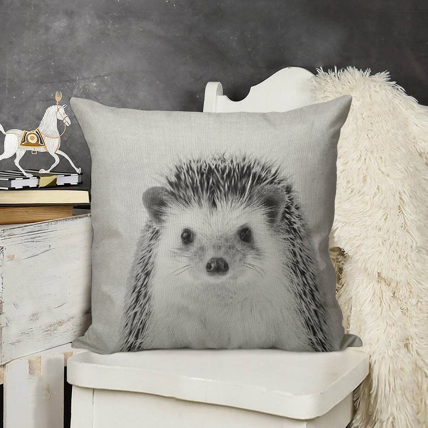 Hedgehog - Black & White Linen Throw Pillow Cover