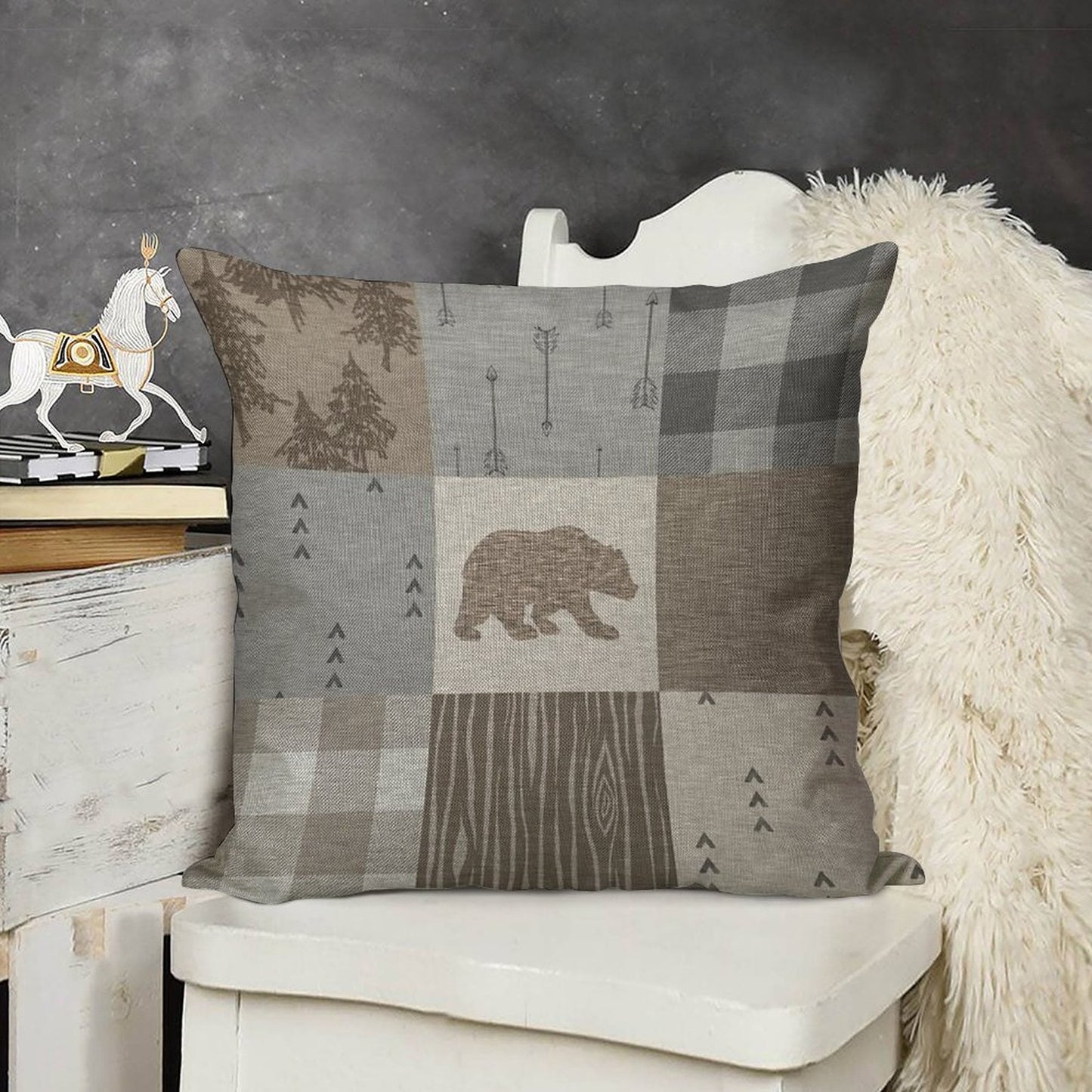 Bear Patchwork - Rustic Neutrals Linen Throw Pillow Cover