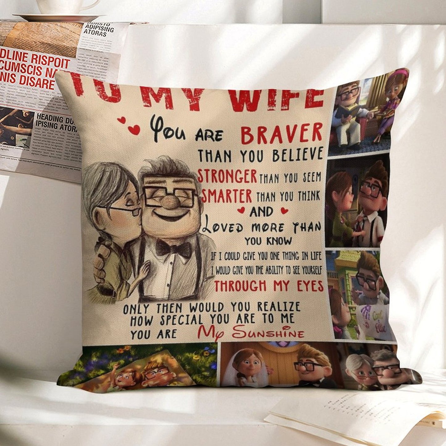 Carl & Ellie To My Wife You're Braver Than You Believe Quilt Blanket Fleece Blanket To My Wife Blanket Warmer Gift Gift For Her Linen Throw Pillow Cover