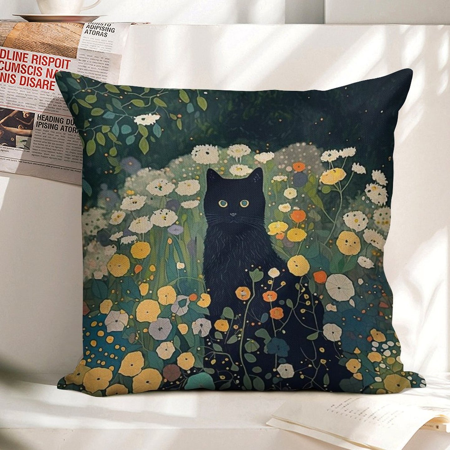 Cat in Klimt Garden Inspiration Linen Throw Pillow Cover