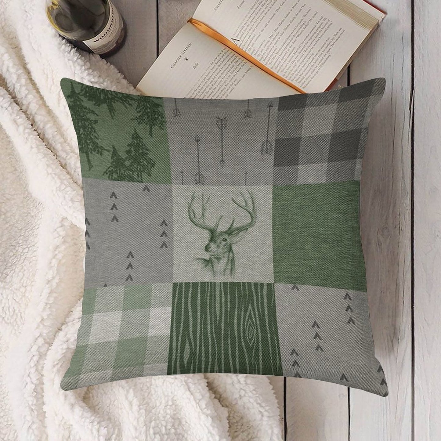 Rustic Deer Patchwork - GreenGrey Linen Throw Pillow Cover