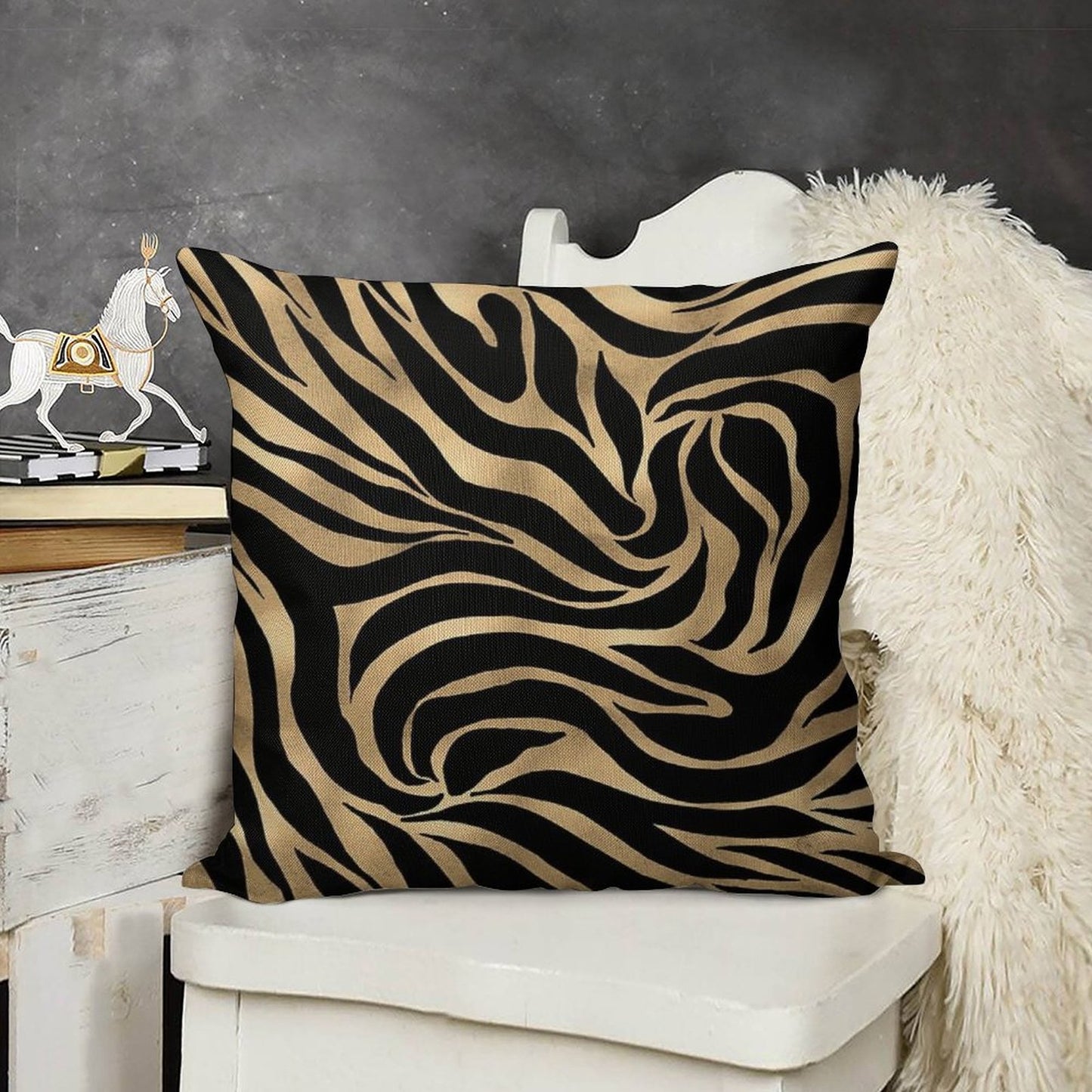 Elegant Metallic Gold Zebra Black Animal Print Linen Throw Pillow Cover
