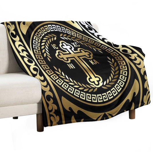Ornate Baroque Gold Black Gold Greek Orthodox Cross Throw Blanket