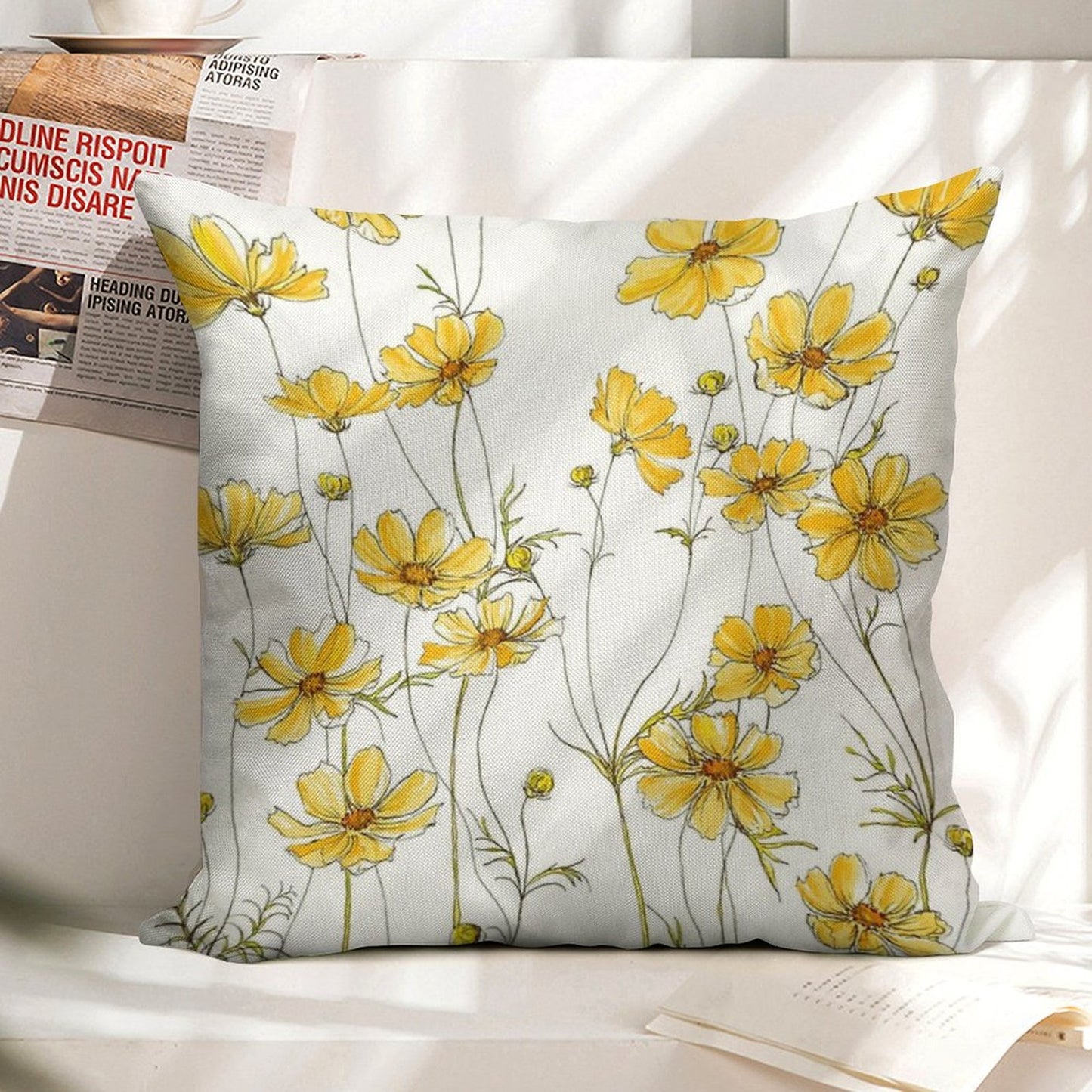 Yellow Cosmos Flowers Linen Throw Pillow Cover