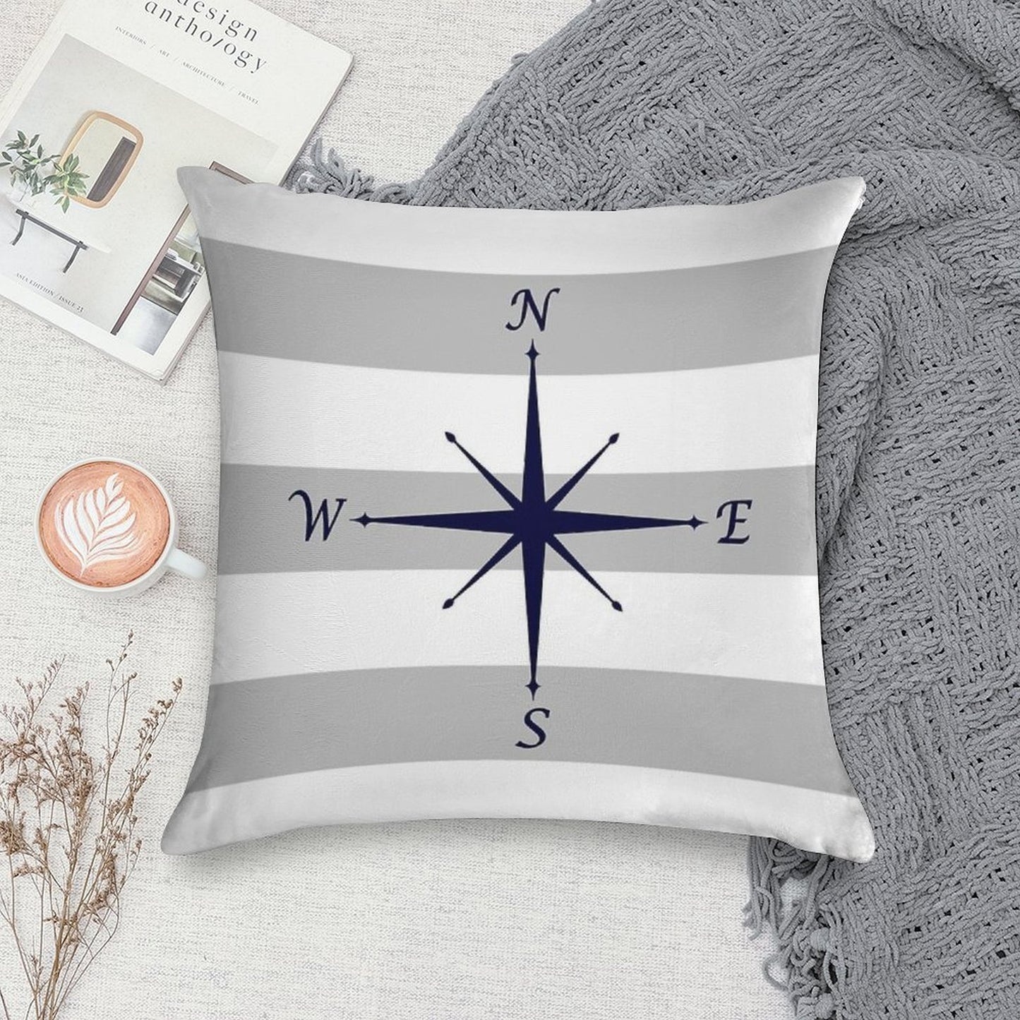 Nautical Navy Blue Compass On Silver Gray And White Stripes Soft Washable Throw Pillow
