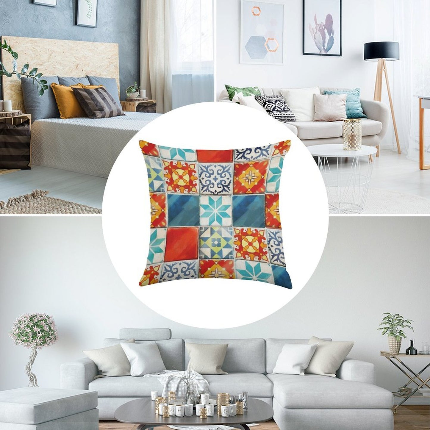 Colorful Azulejos Tiles from Azul Board Game Linen Throw Pillow Cover