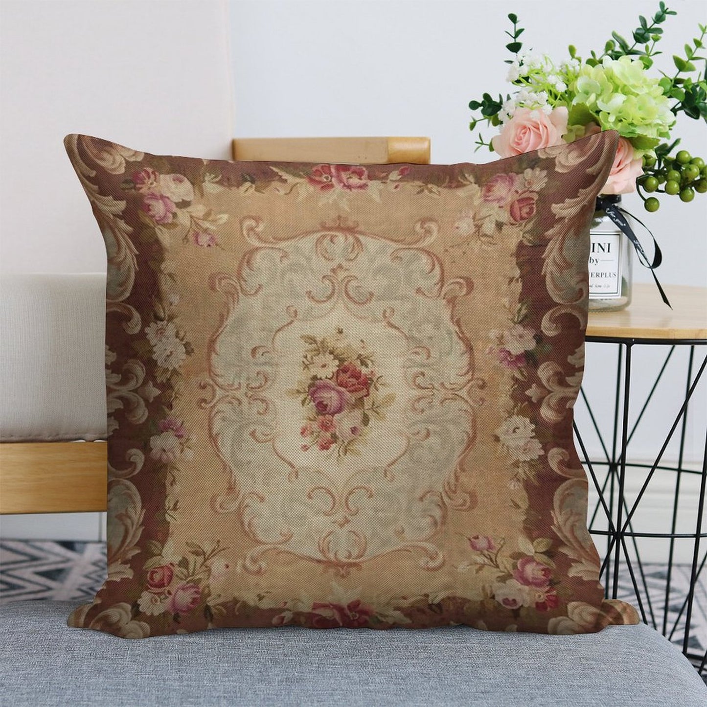 Antique Rose Floral French Aubusson Rug Print Linen Throw Pillow Cover