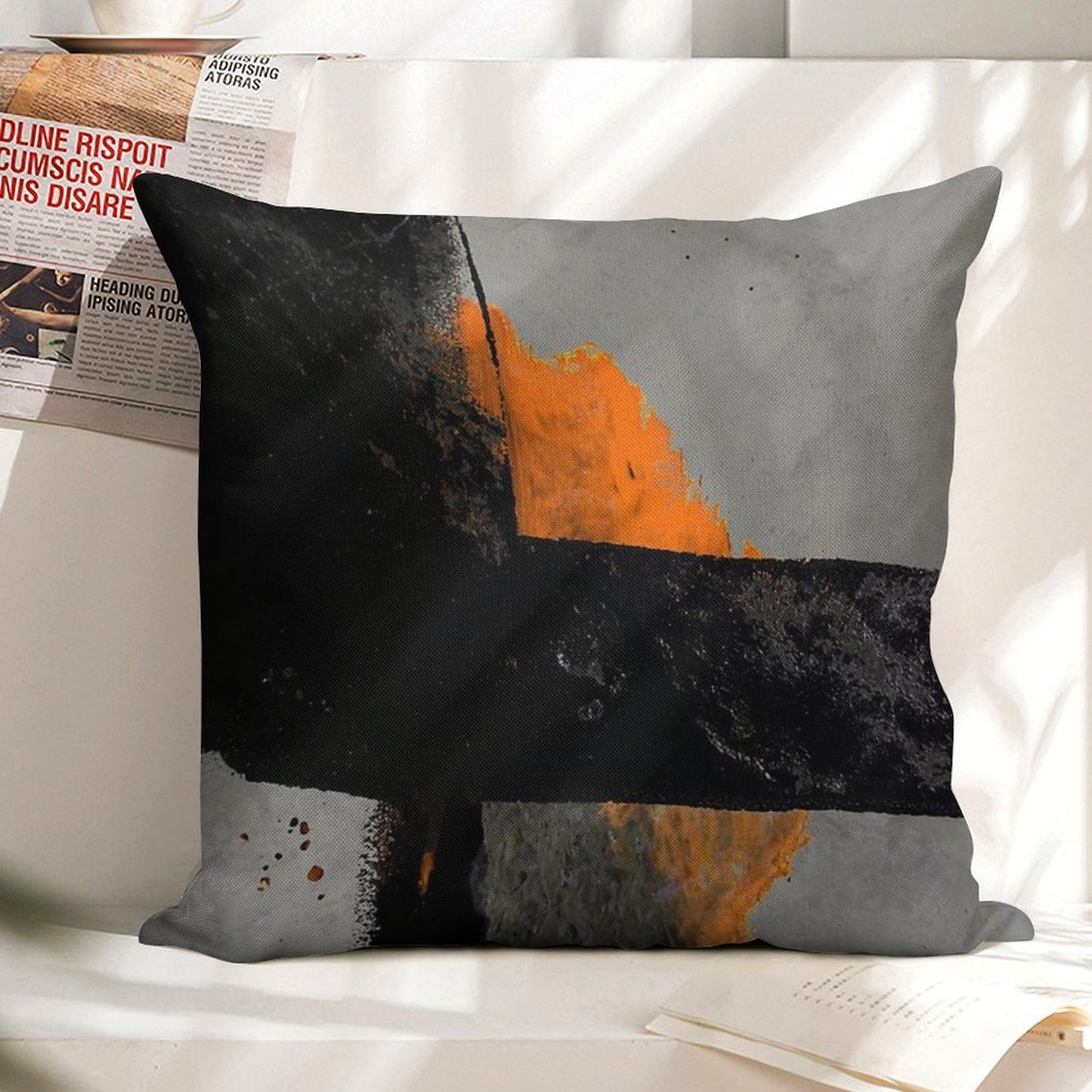 Minimal Orange on Black Linen Throw Pillow Cover