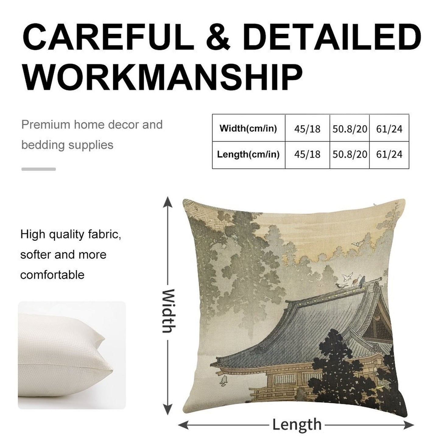 Pagoda - Japanese Art 1900s Linen Throw Pillow Cover