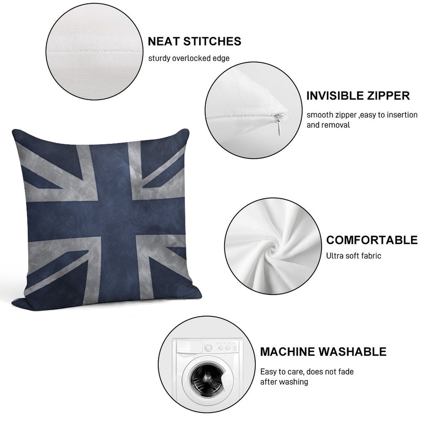 Blue Distressed Union Jack Soft Hidden Zipper Throw Pillow