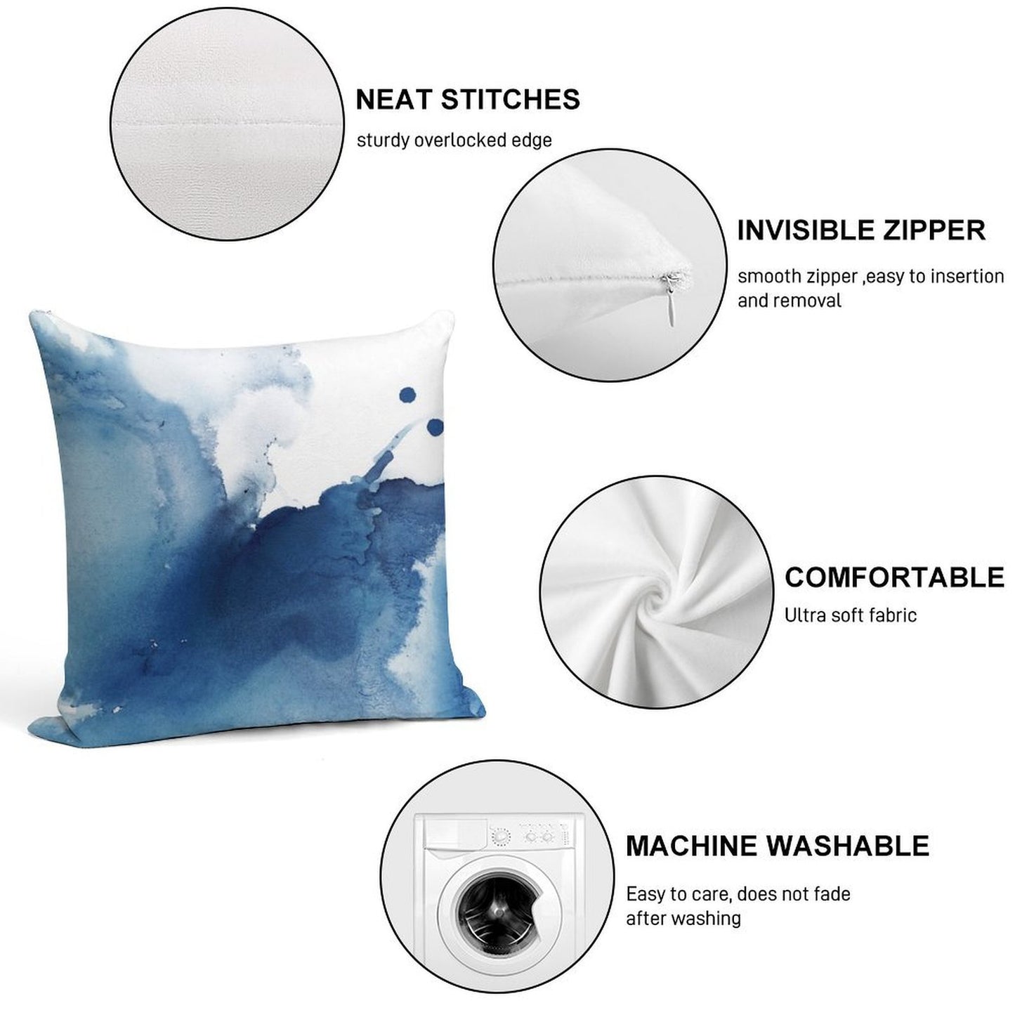 Indigo Blue Sea, Abstract Ink Painting Soft Fade-Resistant Throw Pillow