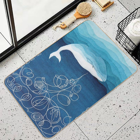 Happy Whale, Animals, Sea Creature, Teal Blue Watercolor Bath Mat