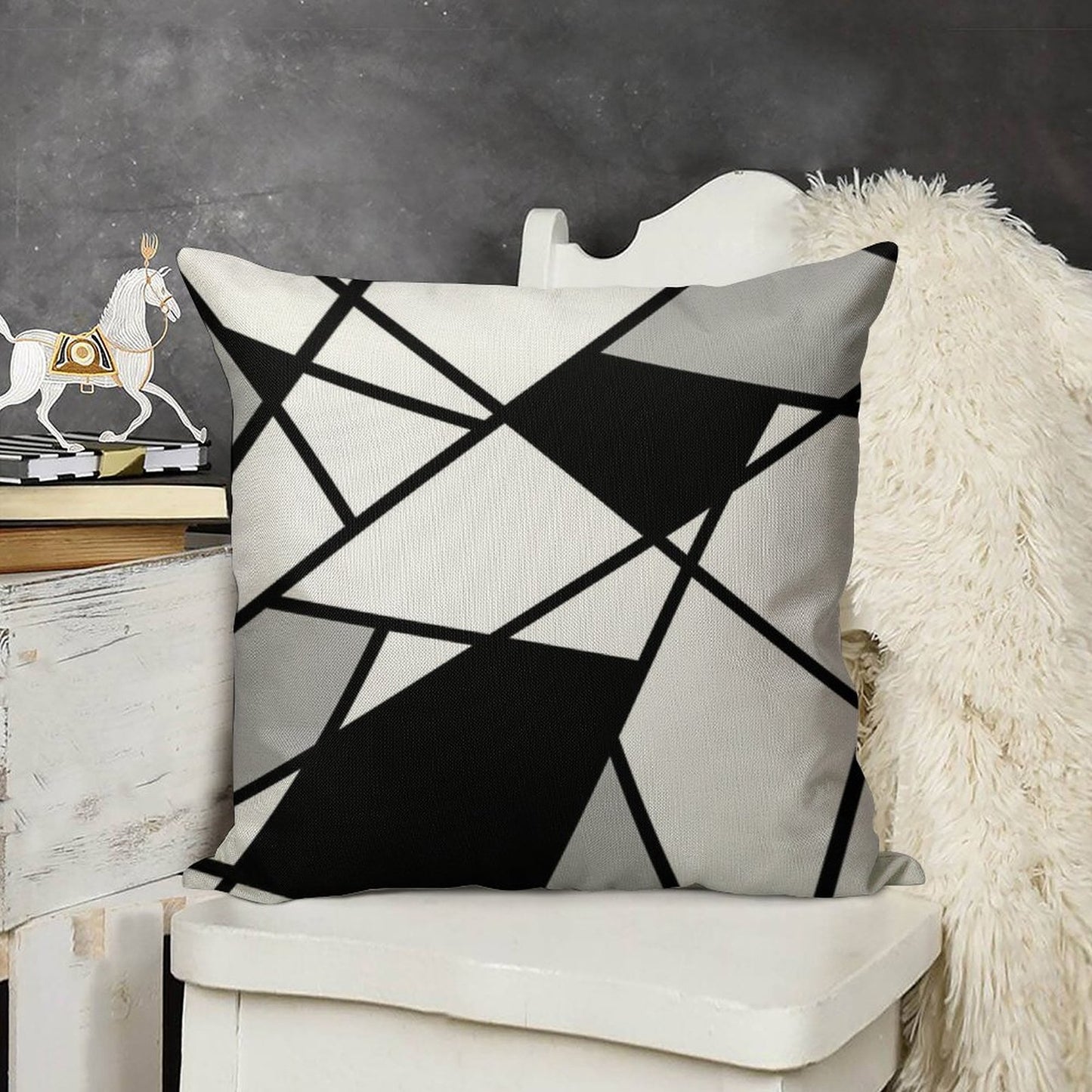 Black Modern Geometric Pattern Linen Throw Pillow Cover