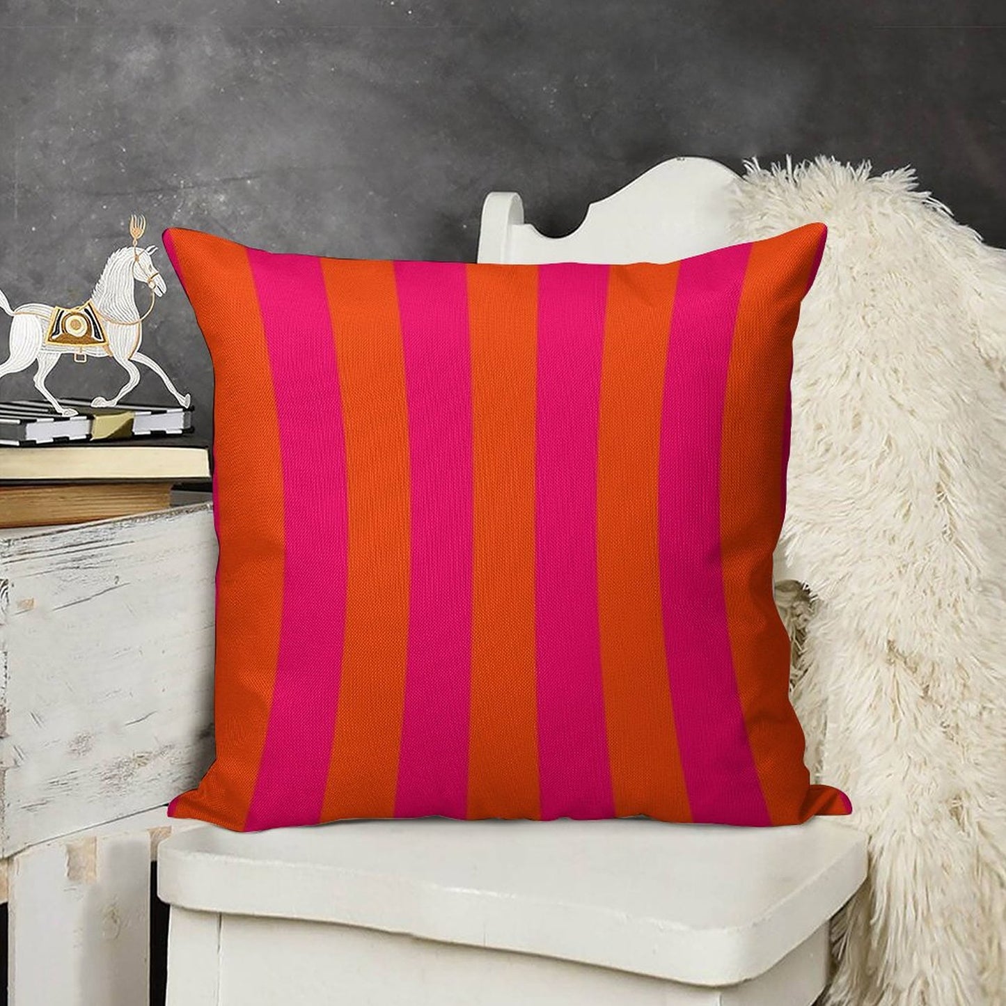Bright Neon Pink And Orange Vertical Cabana Tent Stripes Linen Throw Pillow Cover