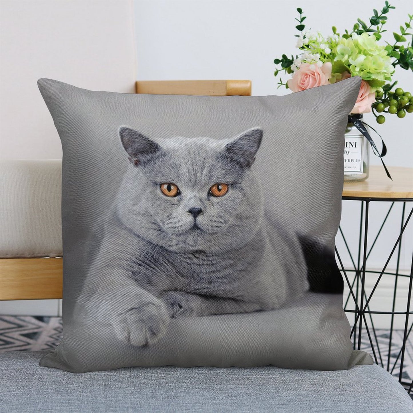 British Shorthair Cat Portrait Linen Throw Pillow Cover