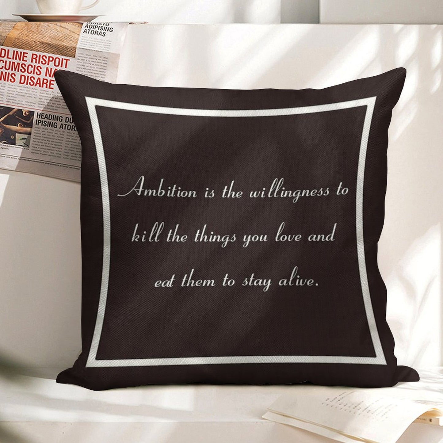 30 Rock Inspired Brown TV Show Jack Donaghy Quote, Ambition Linen Throw Pillow Cover