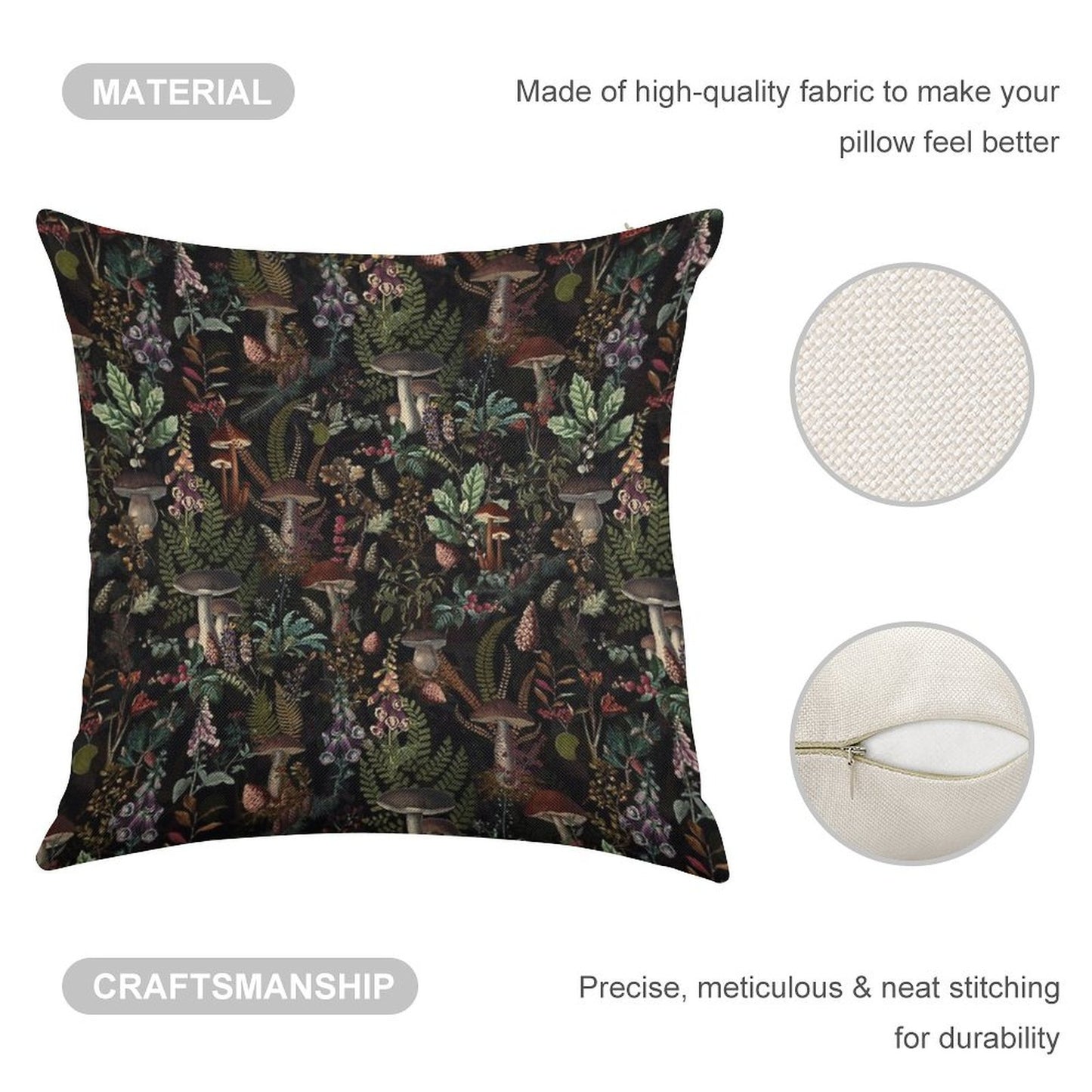 Vintage Mysterious Mushrooms Forest Botanical Botanical Night Garden Pattern NightGarden Linen Throw Pillow Cover