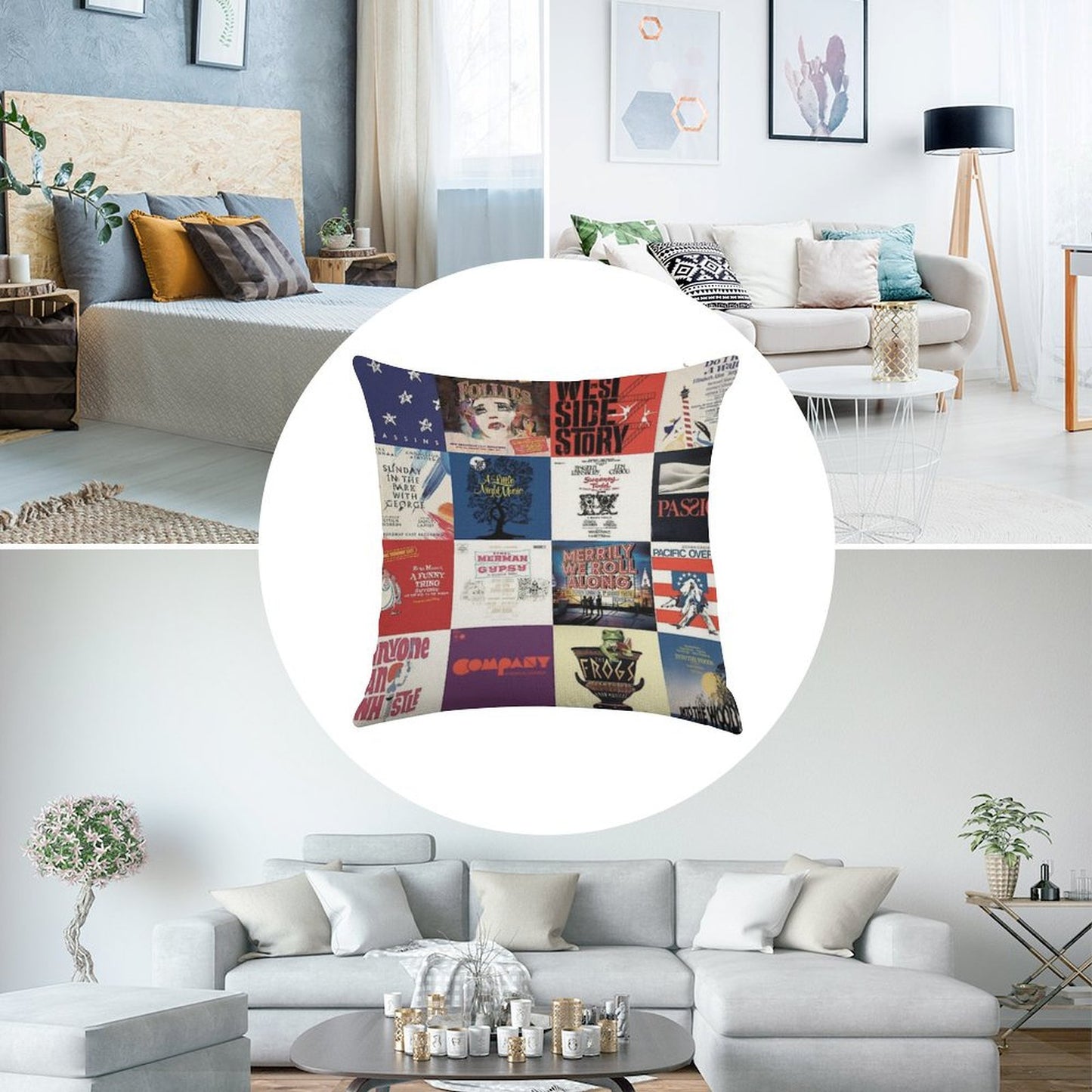 Sondheim Collage Linen Throw Pillow Cover