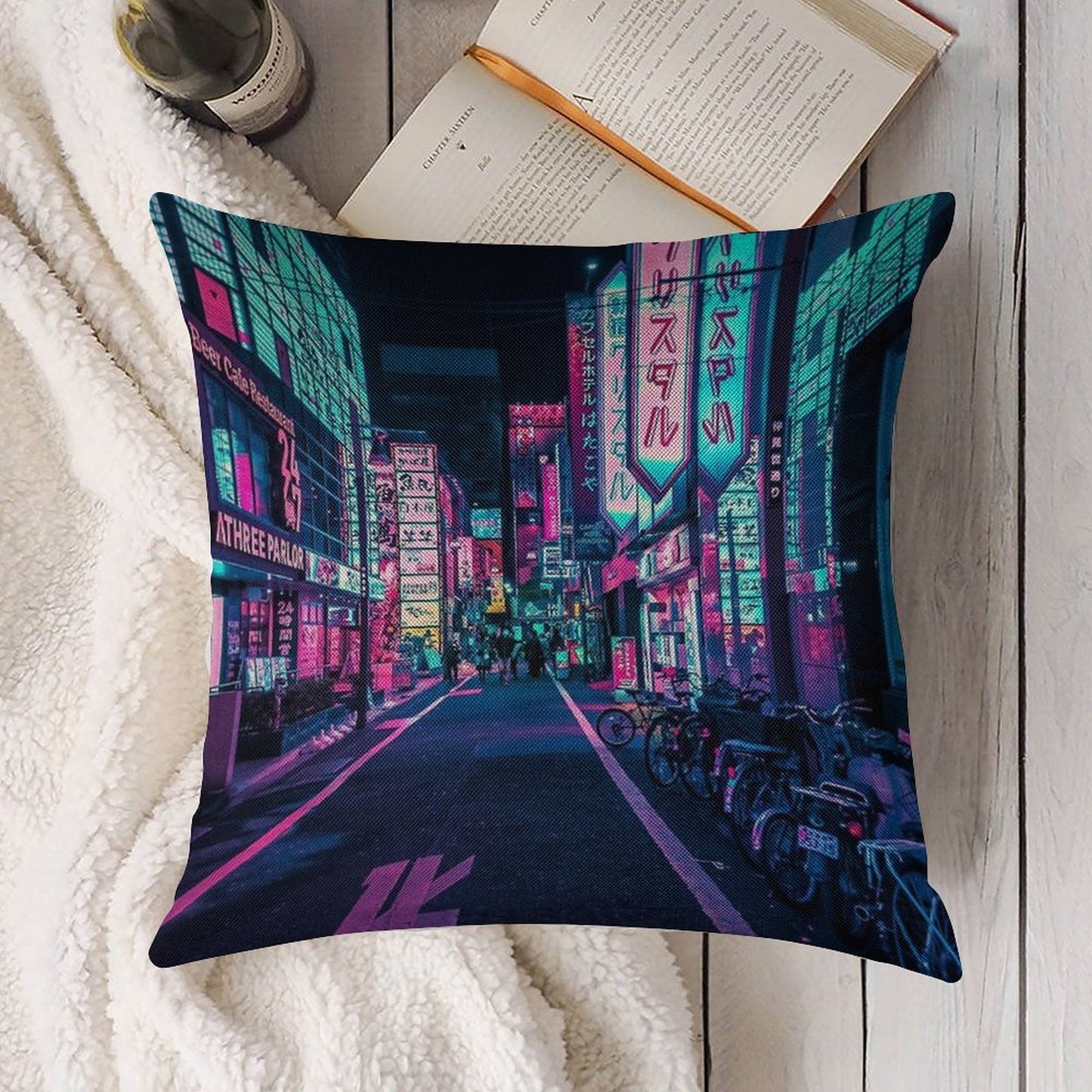 Tokyo - A Neon Wonderland Linen Throw Pillow Cover
