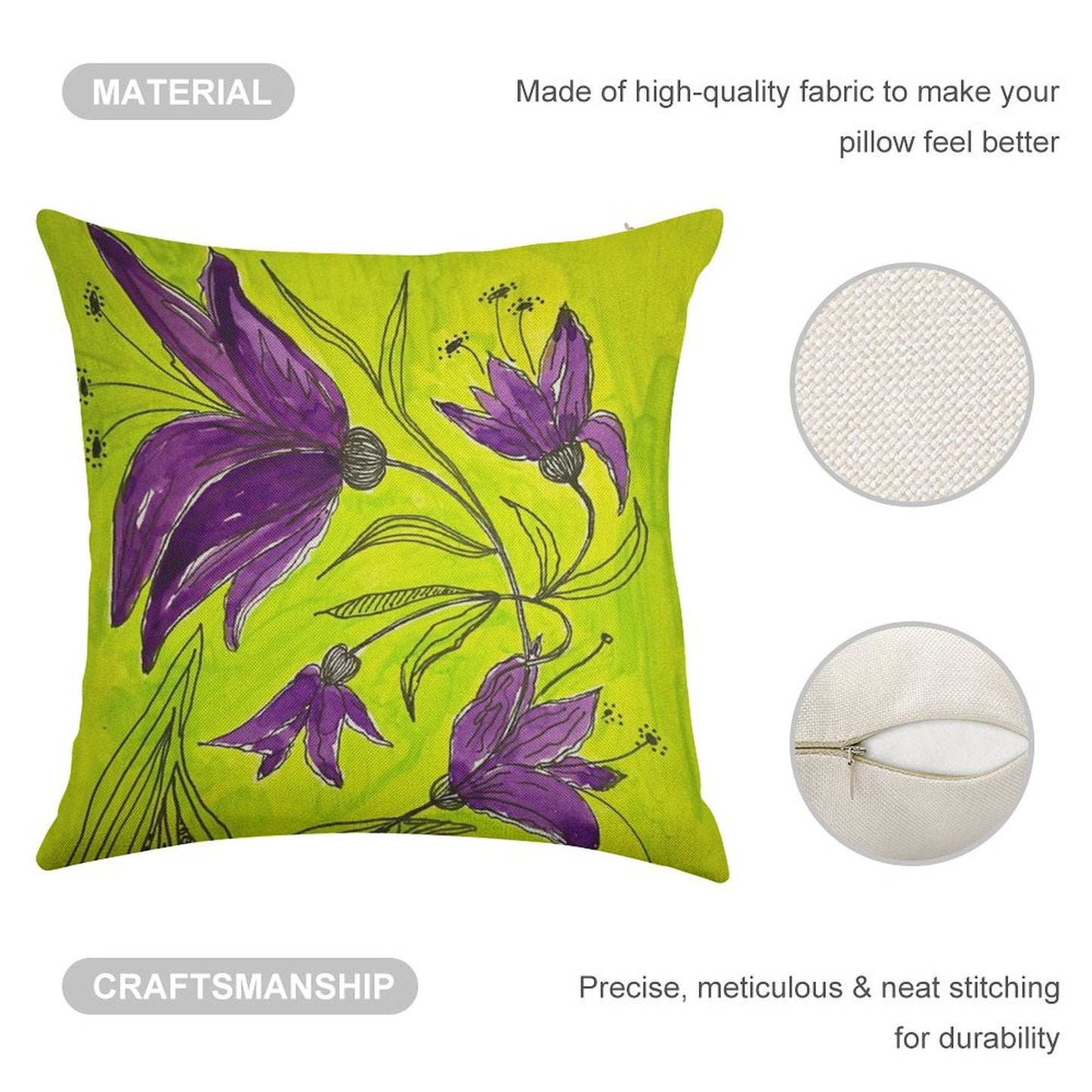Botanical Lime Green And Purple Linen Throw Pillow Cover