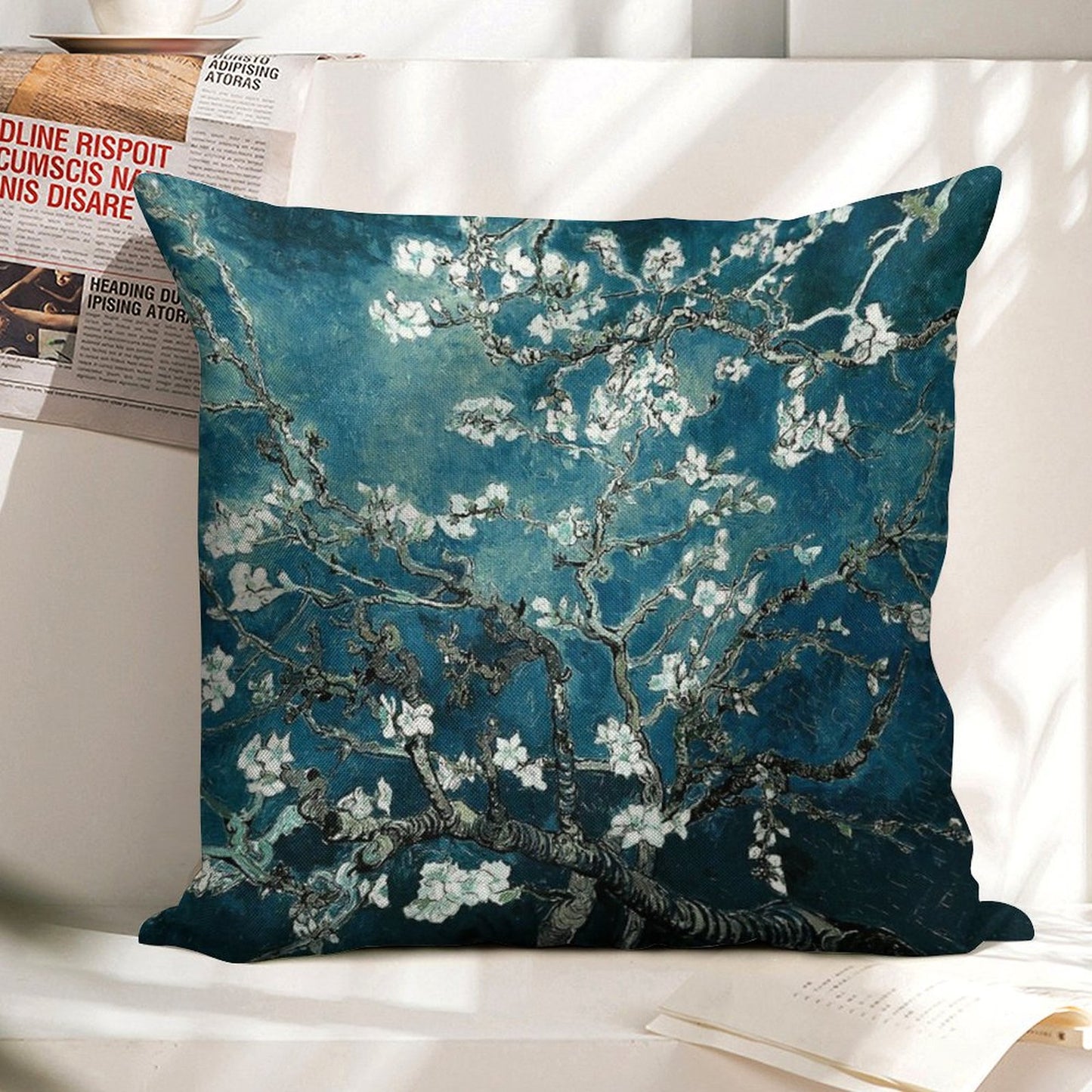 Van Gogh Almond Blossoms Dark Teal Linen Throw Pillow Cover