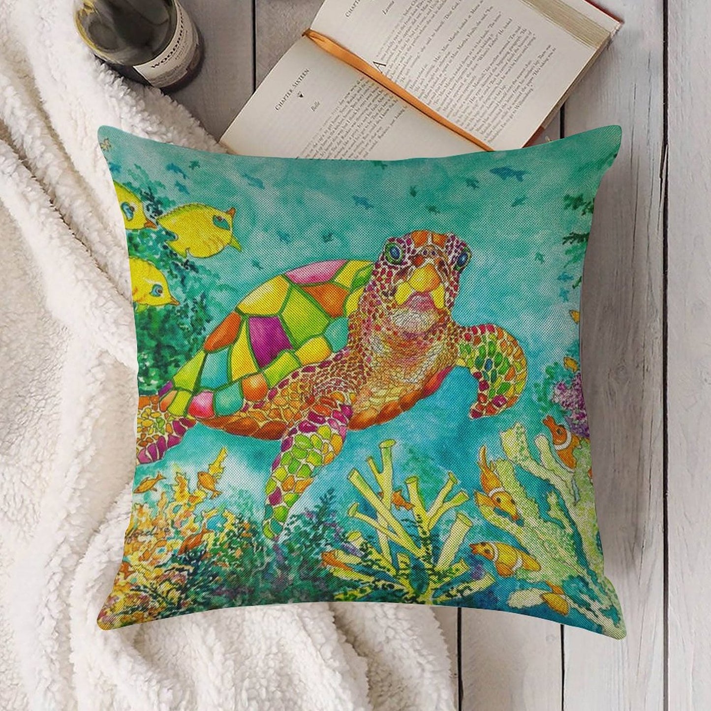 Colorful Watercolor Sea Turtle Linen Throw Pillow Cover