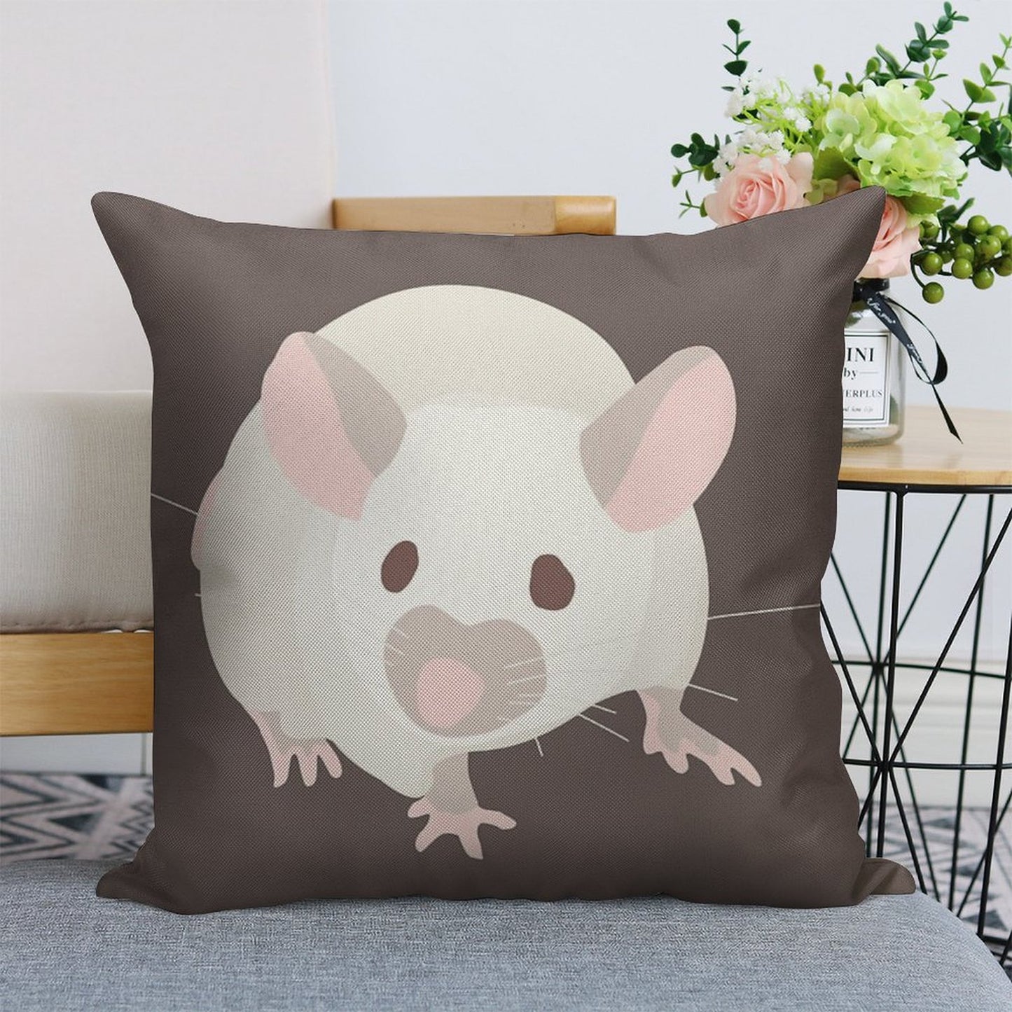Pet Portrait White Mouse with Red Eyes Linen Throw Pillow Cover