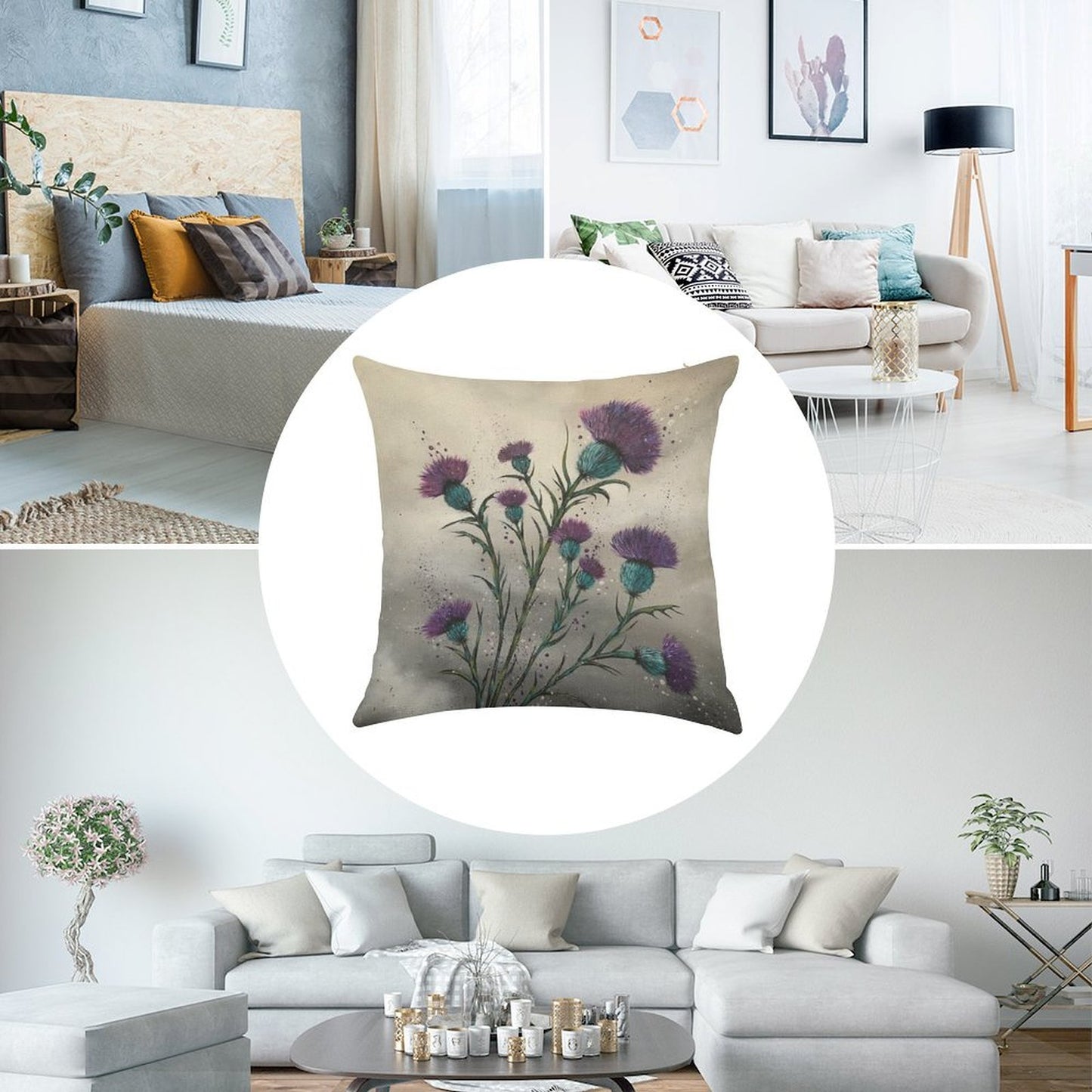 Scottish Traditional Purple Thistle Linen Throw Pillow Cover