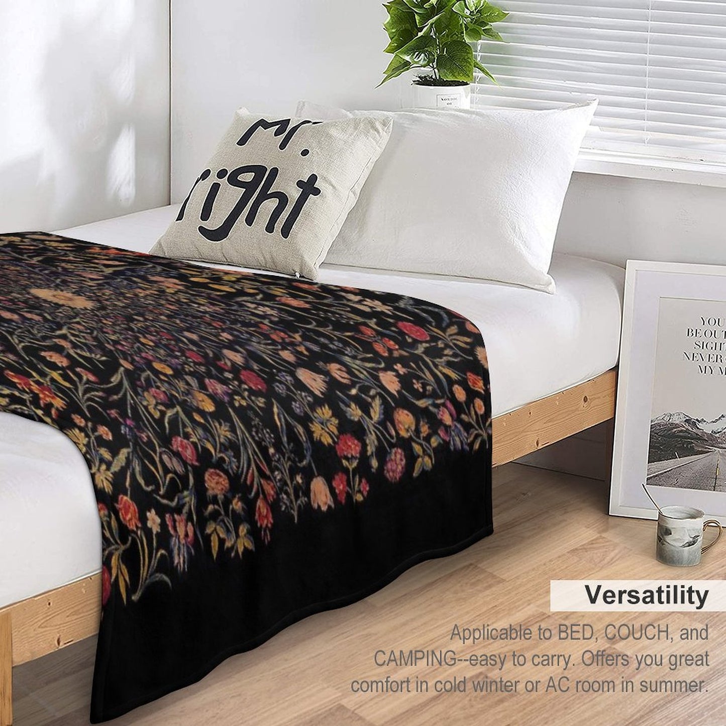 Medieval Flowers on Black Throw Blanket
