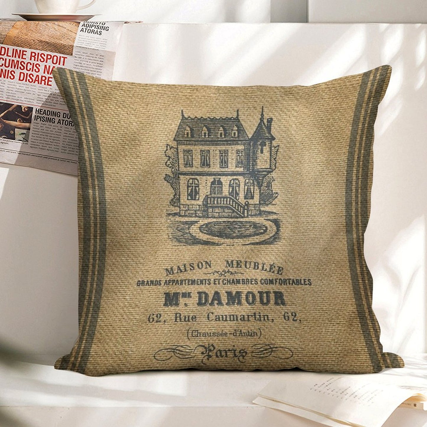 Vintage Burlap French House Design Linen Throw Pillow Cover