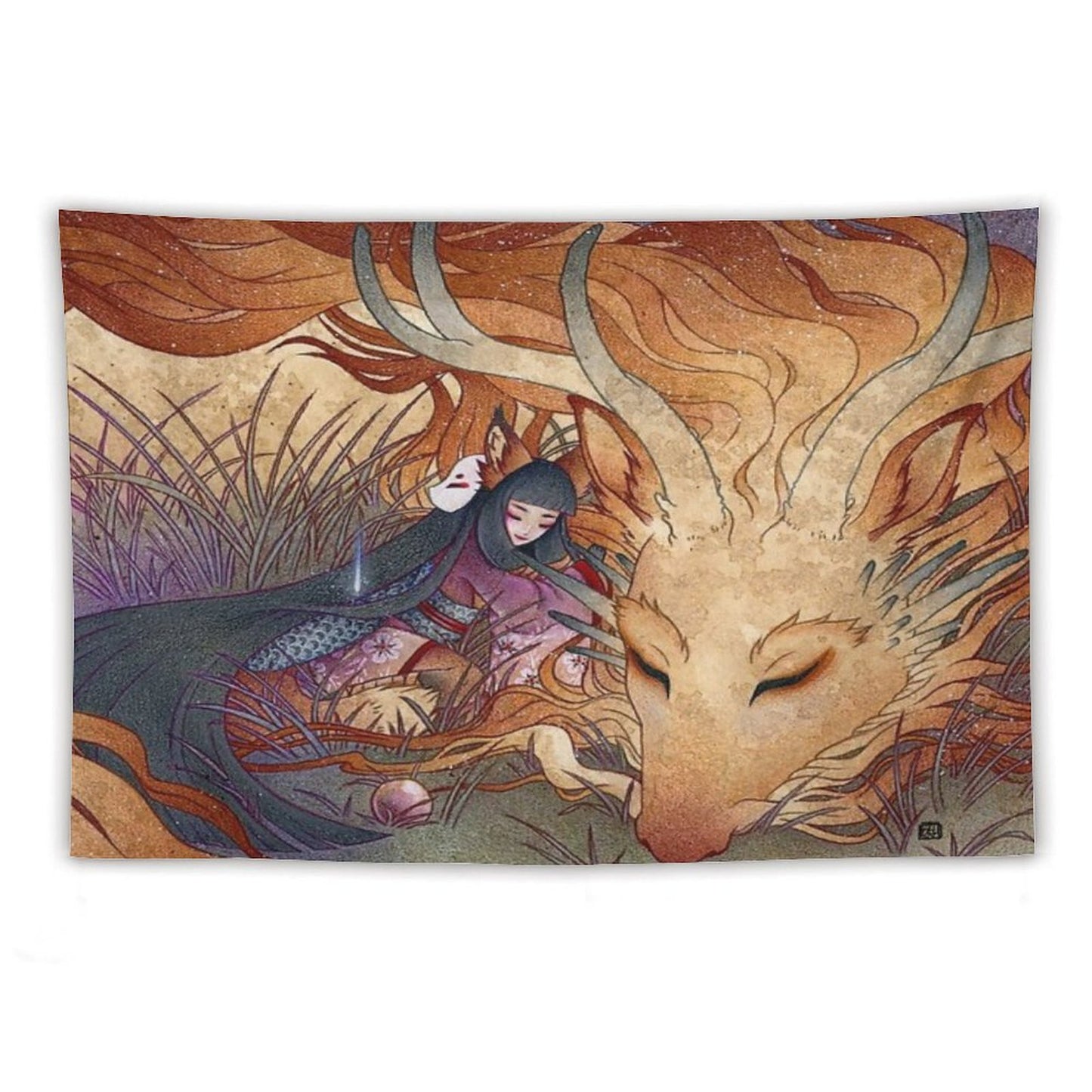 Slumbering Kitsune And Dragon Tapestry